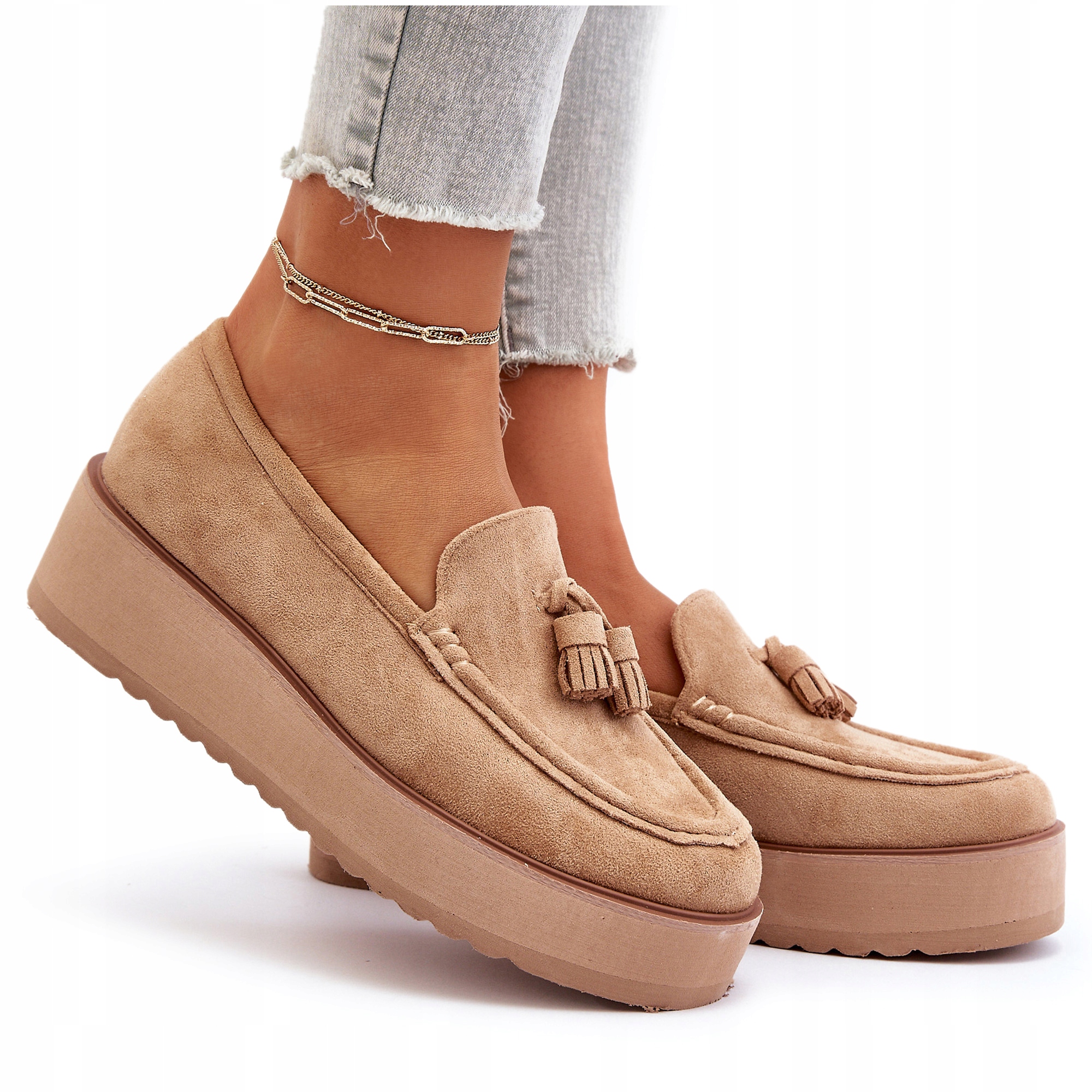 MOKASYNY DAMSKIE NA PLATFORMIE Z FRĘDZLAMI BRĄZOWE 40