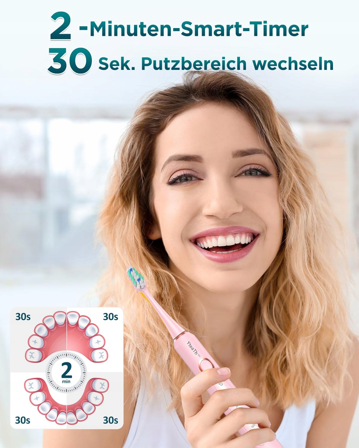 Elektryczna szczoteczka do zębów Różowa z 8 głowicami i 5 trybami 90 dni Pr — miniatura 7