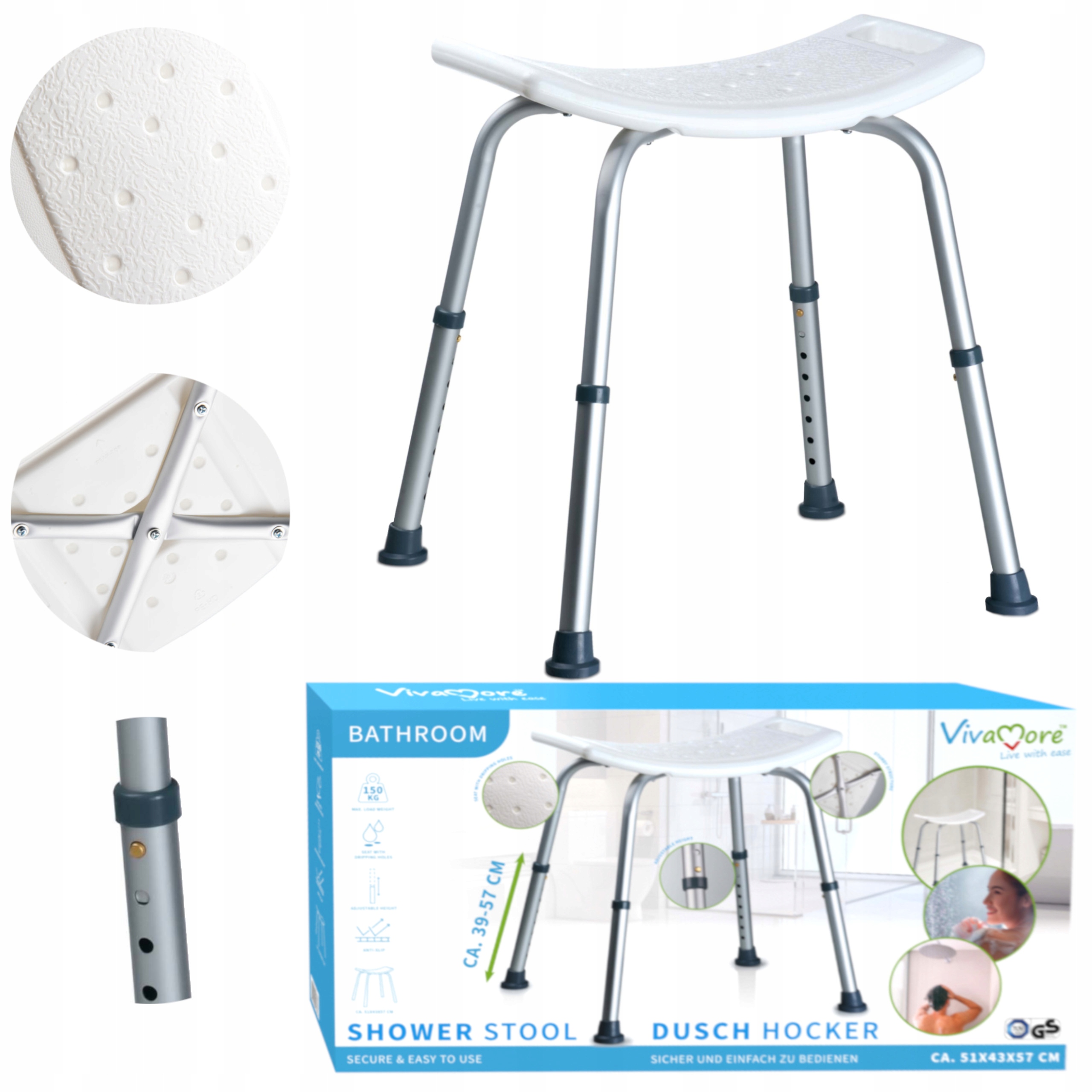 Taboret pod prysznic krzesło prysznicowe stołek do wanny Vivamore 150kg