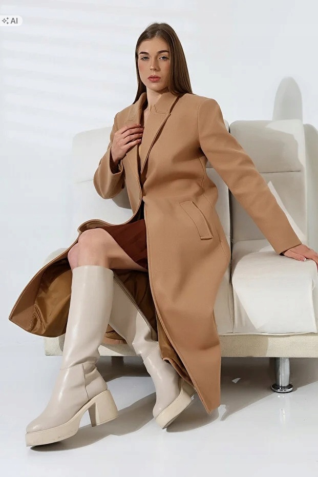 Dlouhý Béžový Elegantní Kabát Z Hladké Tkaniny 36 5IA