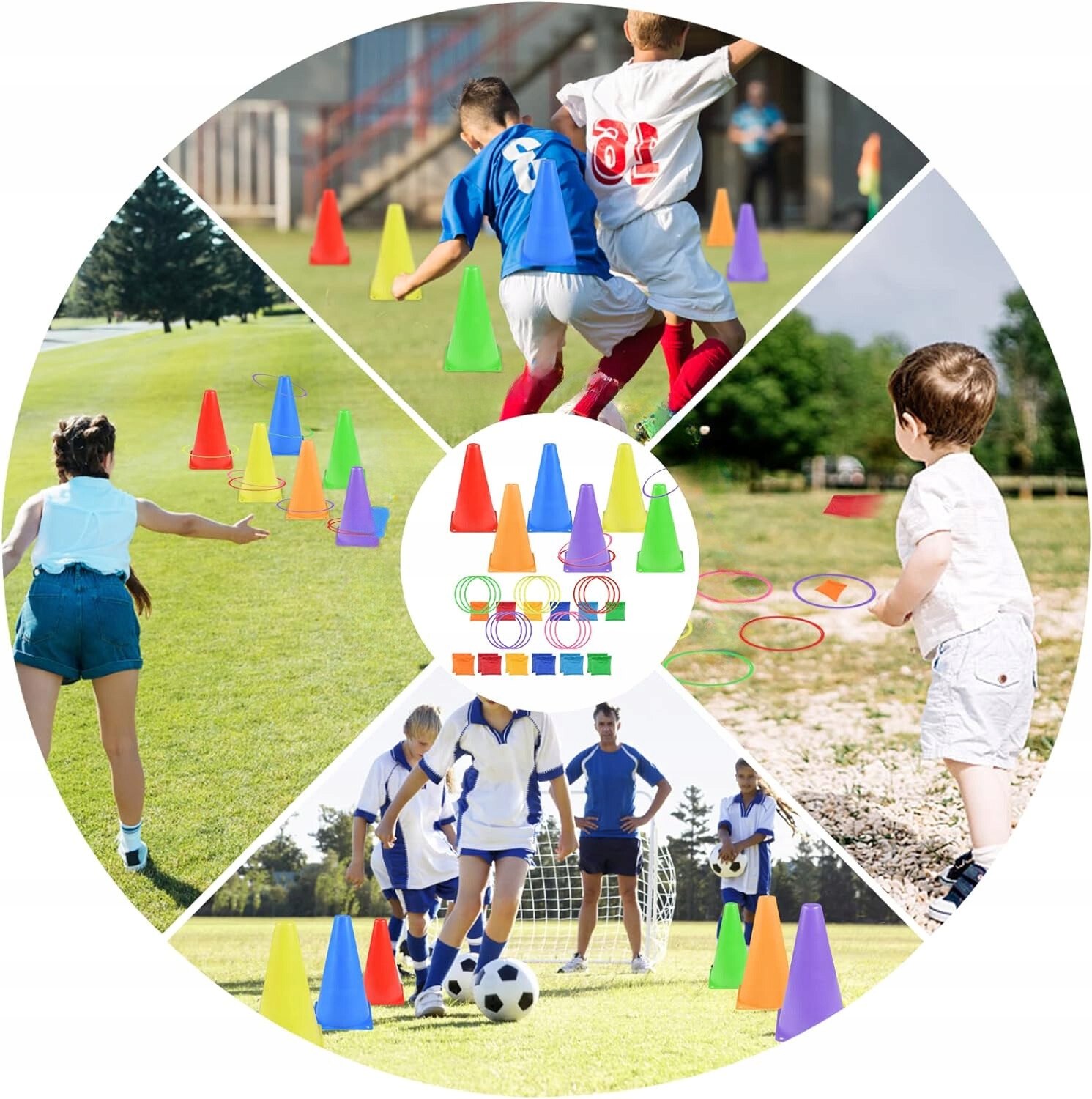 ZESTAW PACHOŁKÓW TRENINGOWYCH PACHOŁKI STOŻKI FASOLKI OBRĘCZE GRA RUCHOWA Kolor wielokolorowy