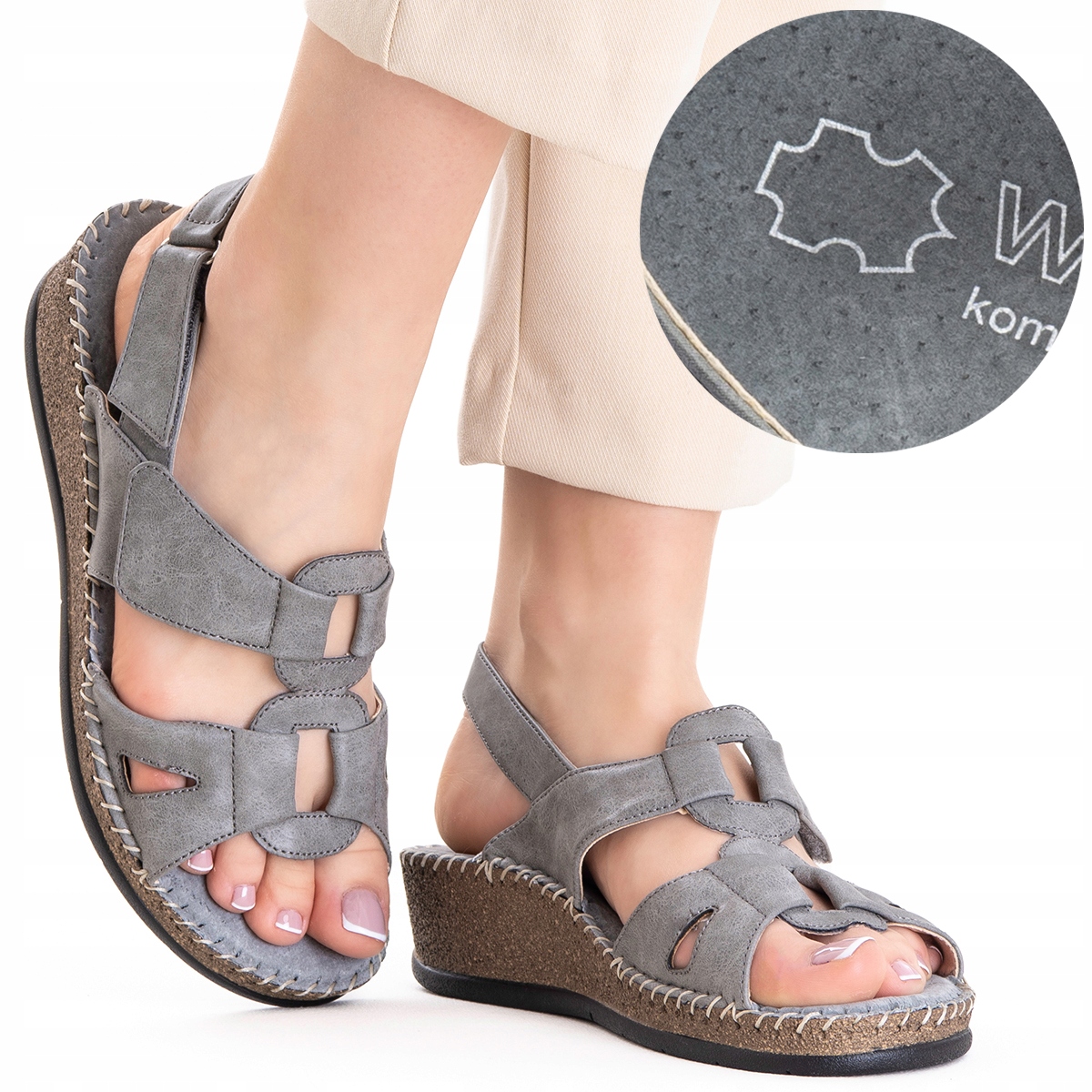 Sandały na koturnie damskie wkł.SKÓRA lekkie Tęgość H miękkie Wojtyłko 40