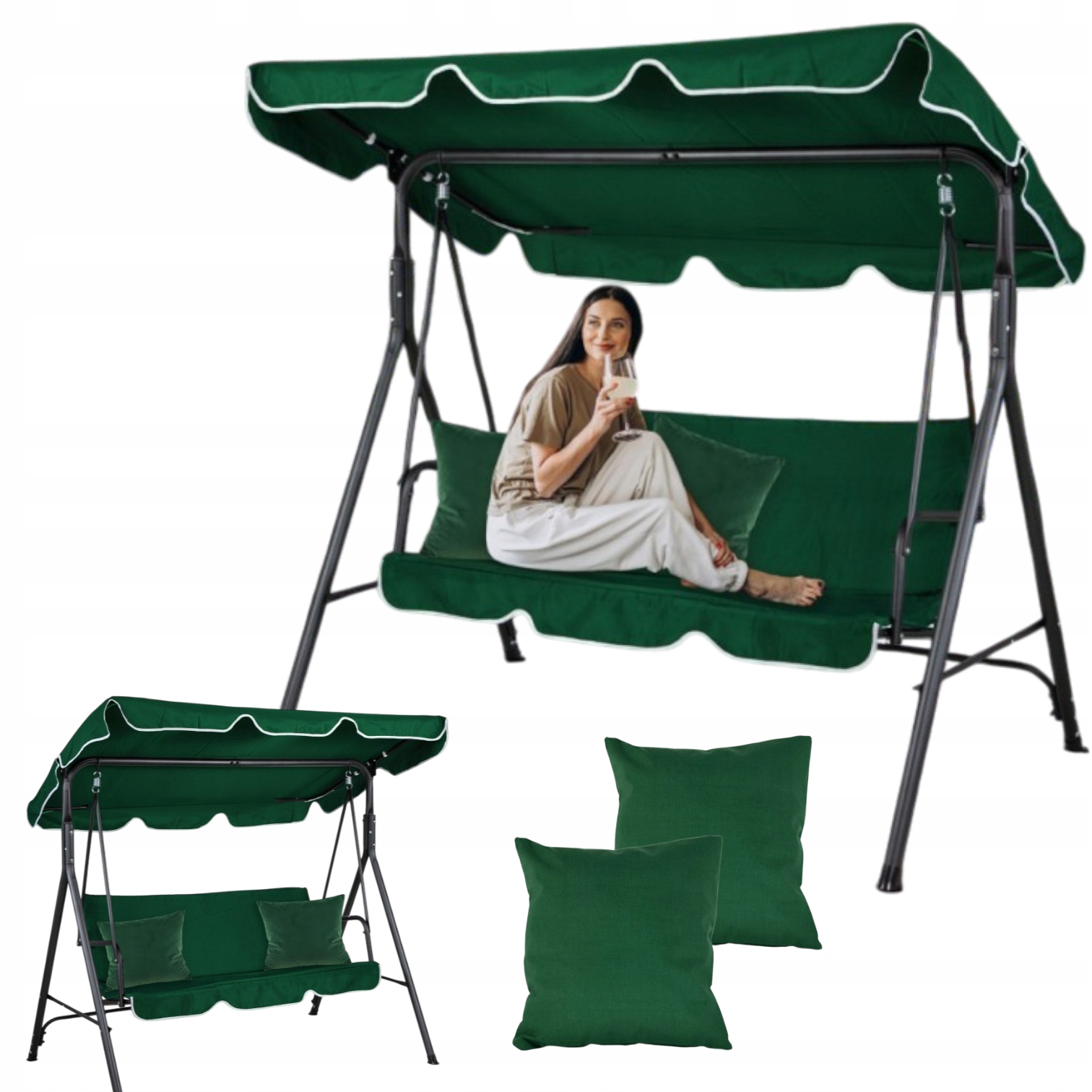 Huśtawka Ogrodowa Bujana Zielona 3 Osobowa Wolnostojąca Poduszki