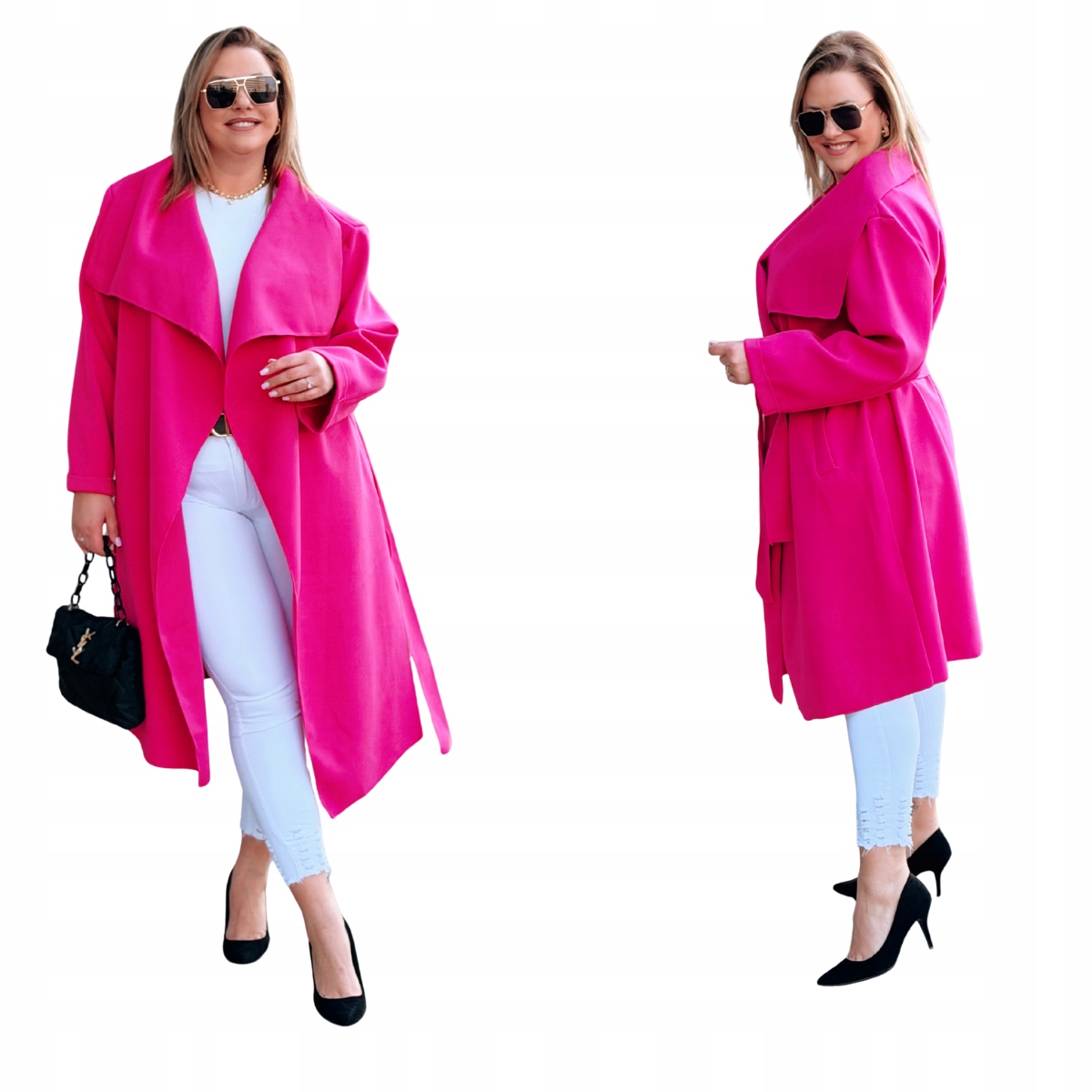 Maxi kabát Waterfall Plus Size Midi Velké Velikosti Cavaricci Malinový