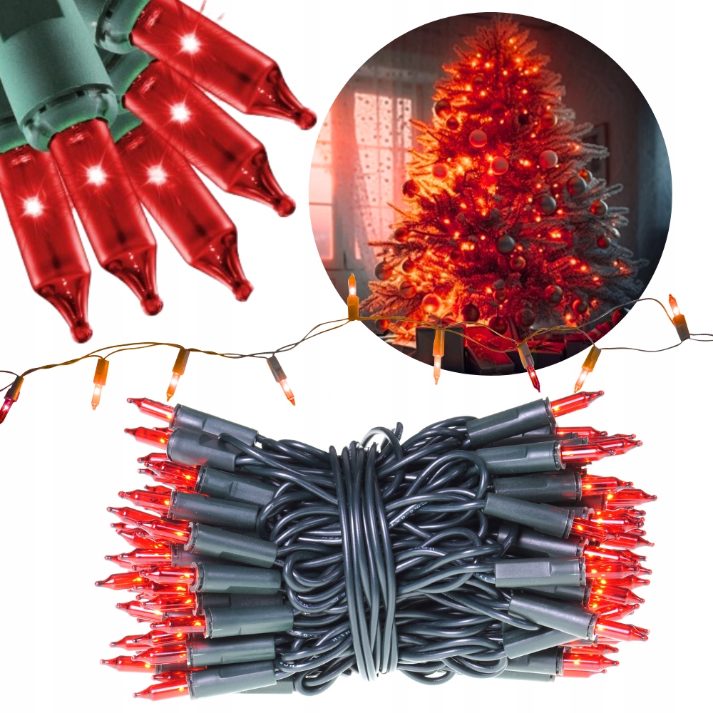 LAMPKI ŚWIATEŁKA TRADYCYJNE CHOINKOWE 100 ŻARÓWEK CZERWONE ŚWIĄTECZNE