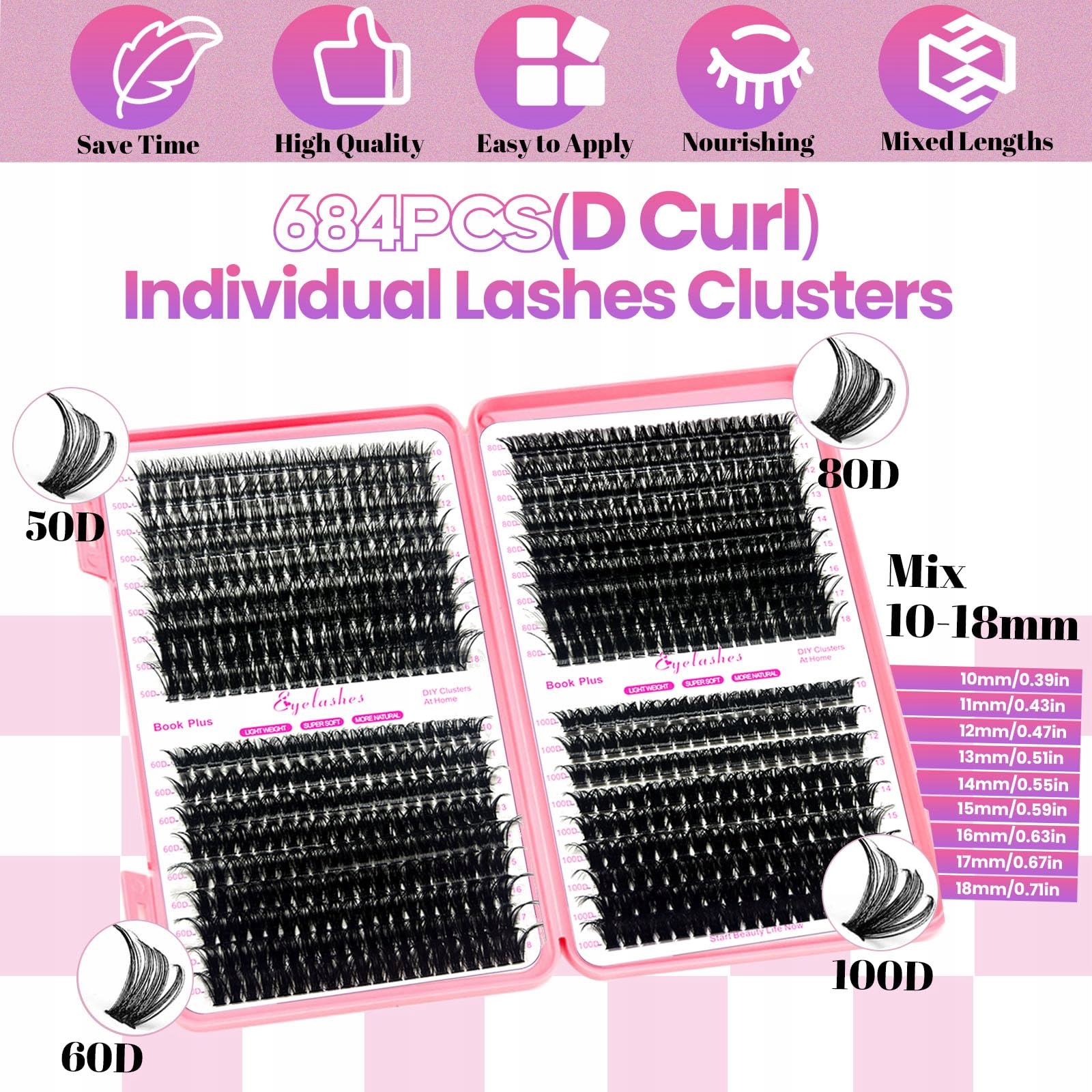 QIVEAORY Zestaw Do Przedłużania Rzęs DIY 684szt Kępki Rzęs D Curl — miniatura 2