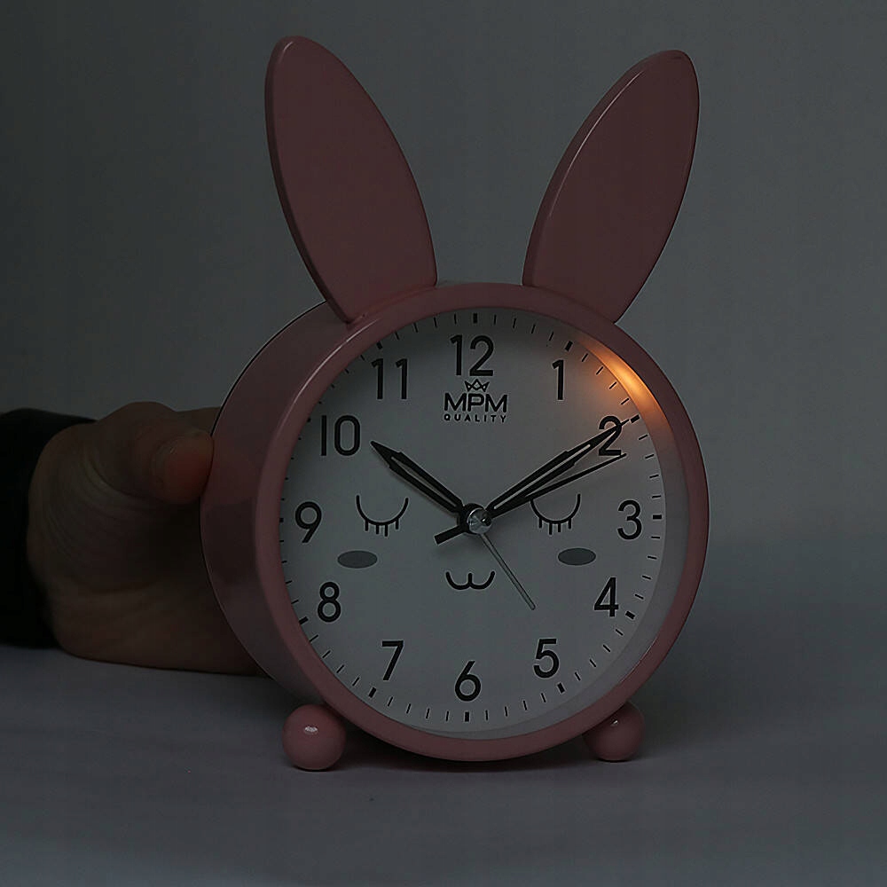 PASTELOWY BUDZIK DZIECIĘCY KRÓLIK MPM C01.4370.23 ALARM PODŚWIETLENIE Kształt okrągły