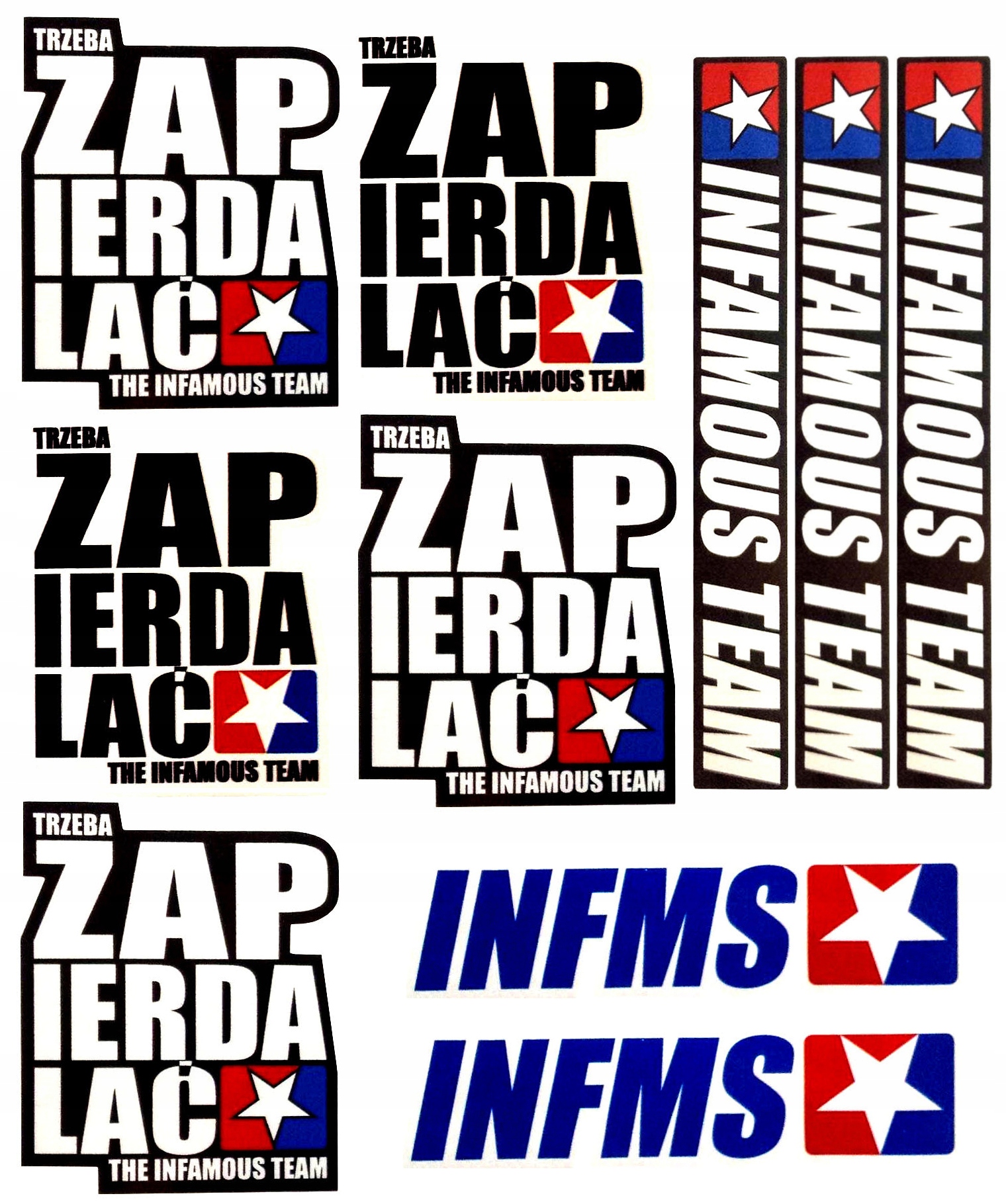 NAKLEJKI TUNING NA MOTOCYKL INFAMOUS ZESTAW 10 SZT TRZEBA ZAPIERDALAĆ