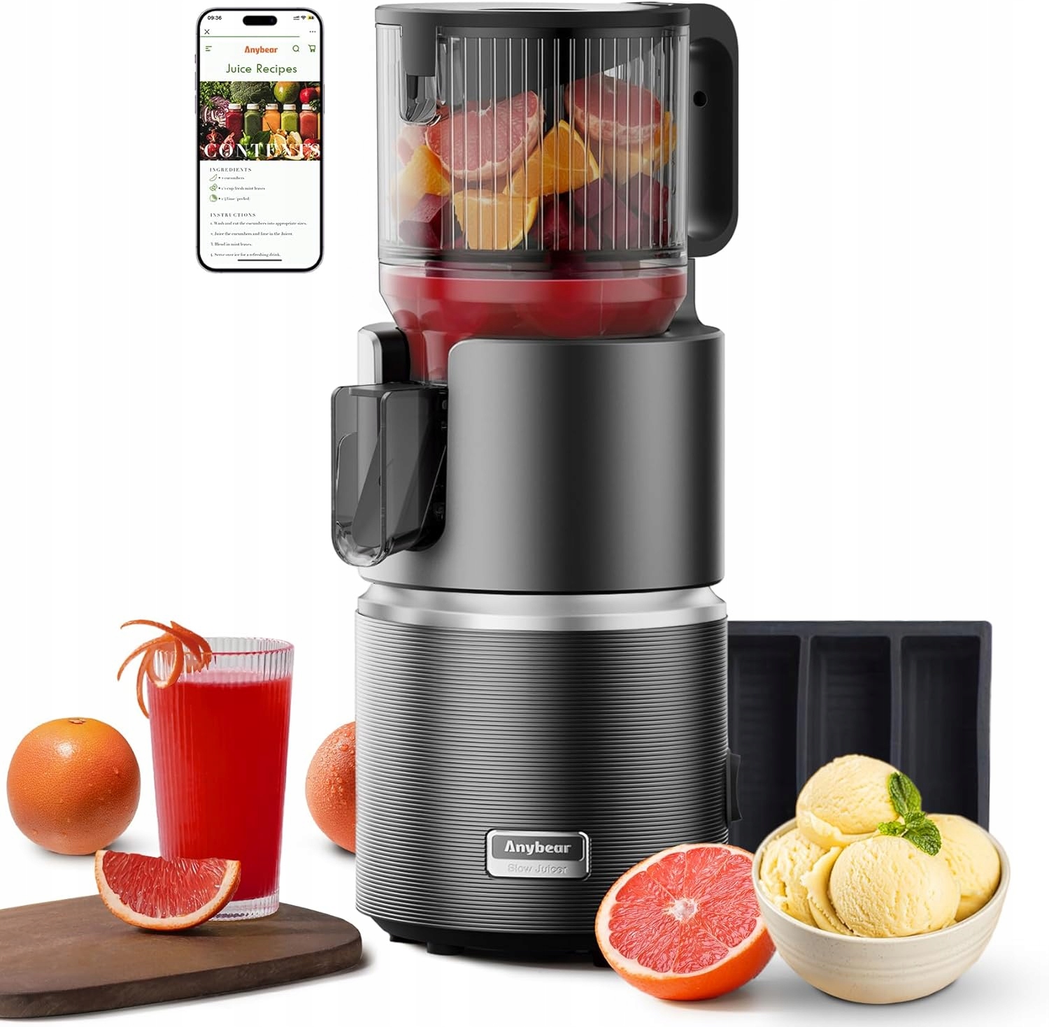 Anybear Odšťavovač na celé ovocie 124 mm 350 W Tmavosivý Bpa Free