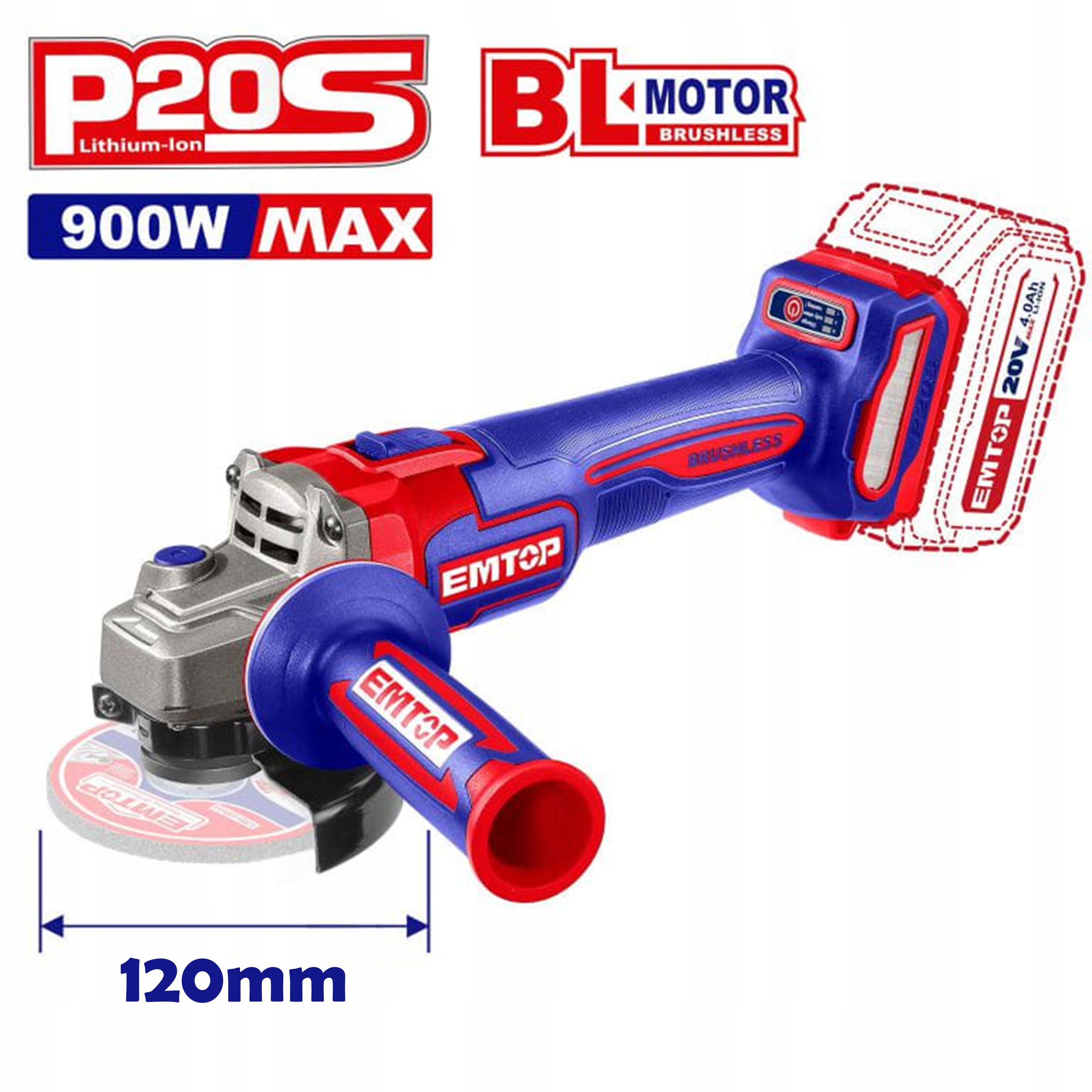 Emtop Szlifierka kątowa akumulatorowa 125mm 20V ELAG27153E (body, karton)