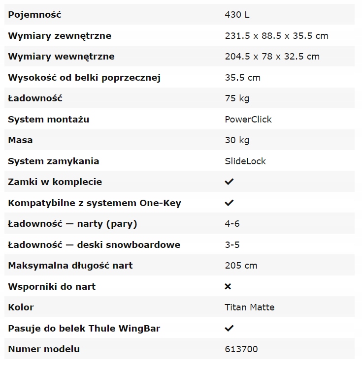 Box dachowy Thule VECTOR L TITAN MATTE NOWOSC Product Width 89 cm