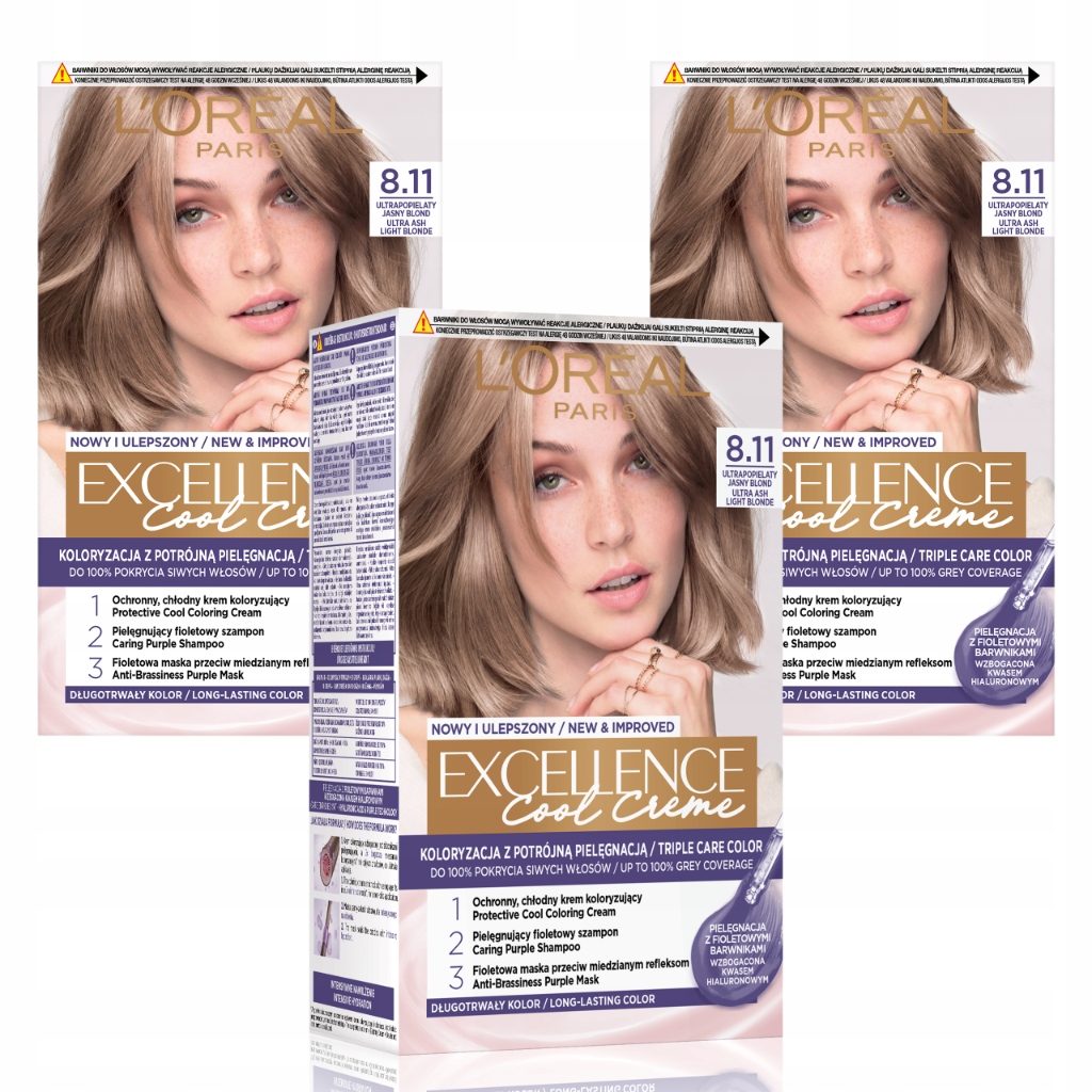 Zestaw 3x L'Oréal Excellence Farba do Włosów 8.11 Ultrapopiel Jasny Blond