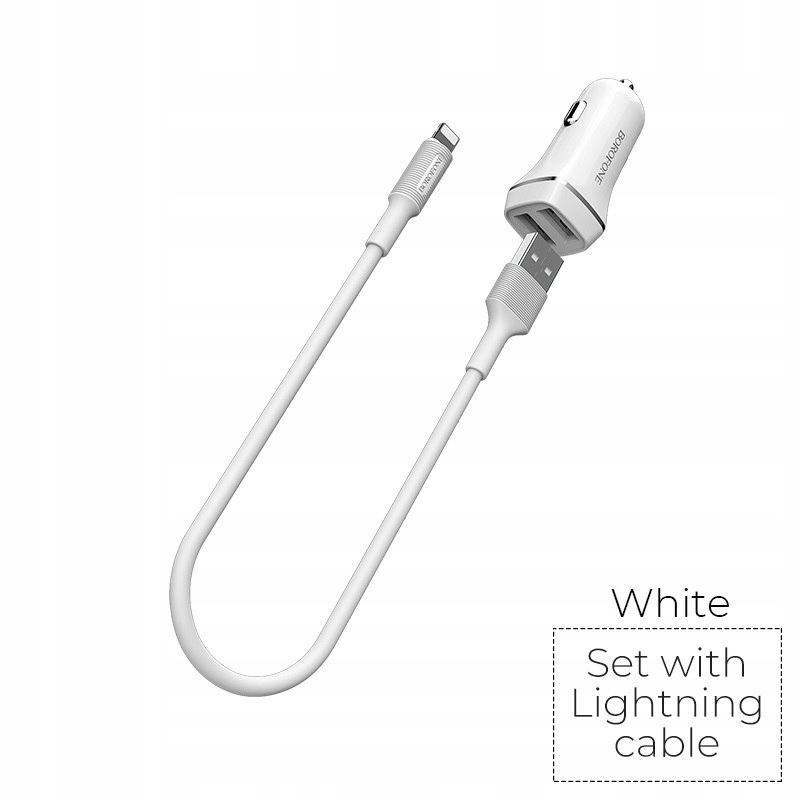 Borofone ładowarka samochodowa 2x Usb kabel Lightning w zestawie, biały