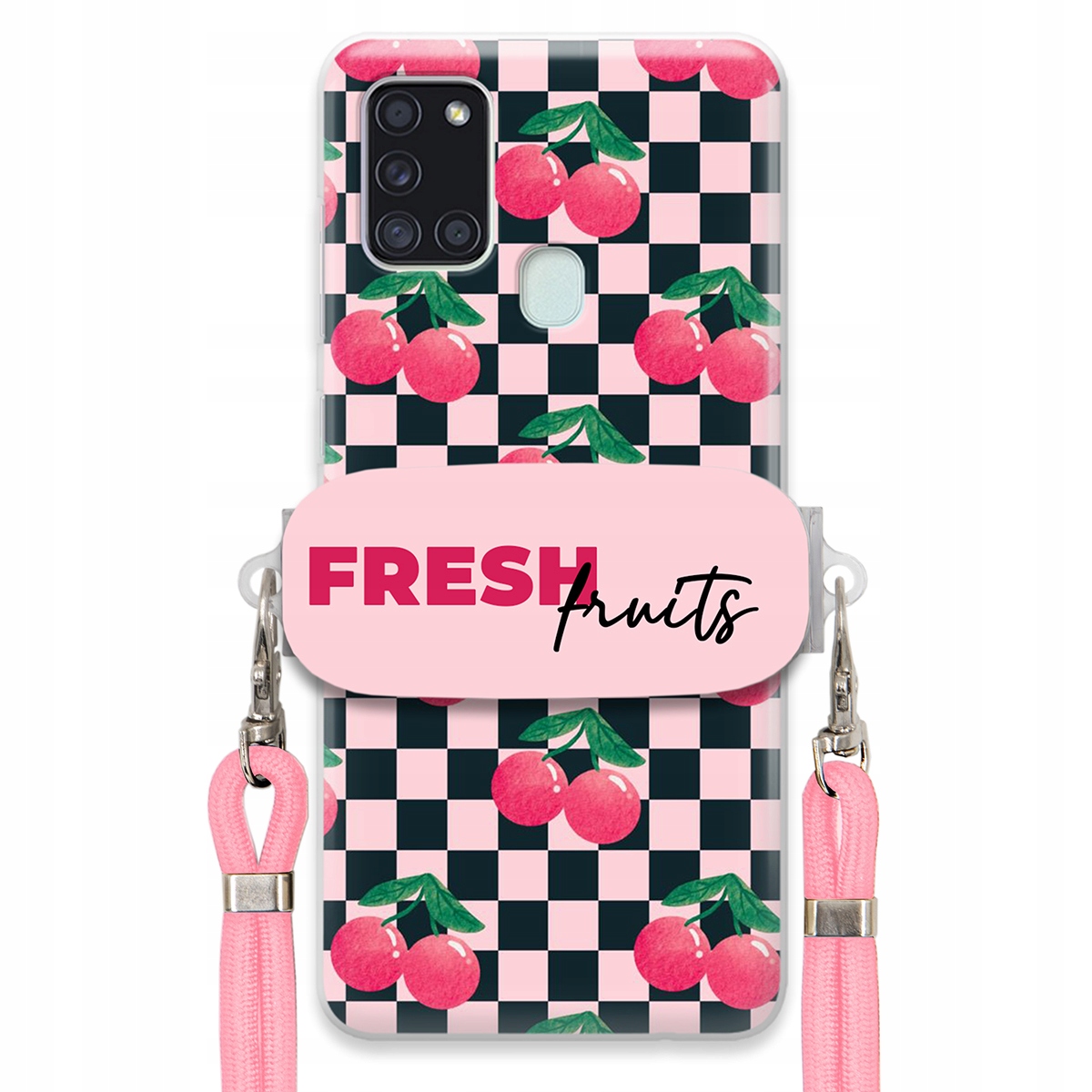 Pouzdro pro Samsung A21s Vodítko Pink Crossbody Držák Šachovnice Fresh Fruits
