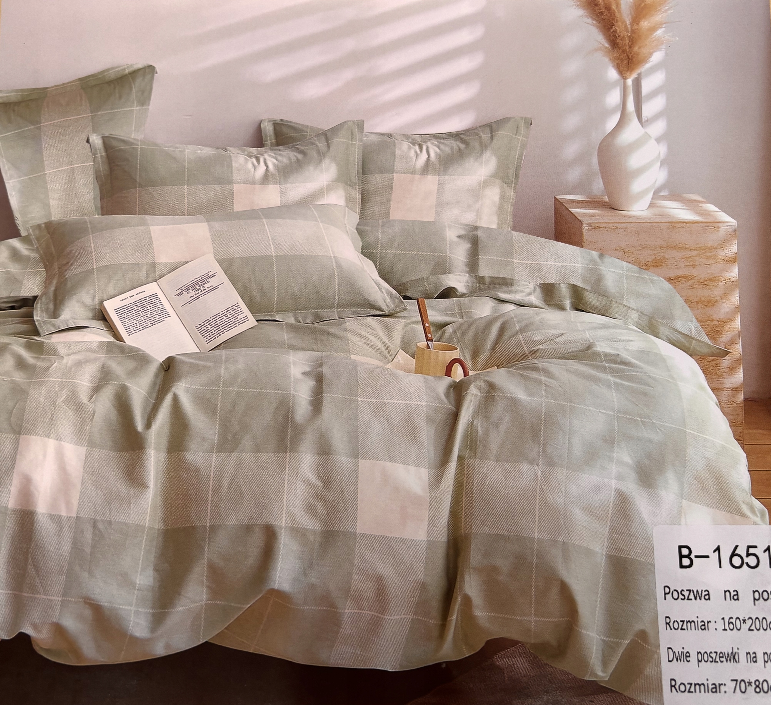 Komplet pościeli 100% bawełna Mengtianzi B-1651 zielona w kratę 200x220 3el
