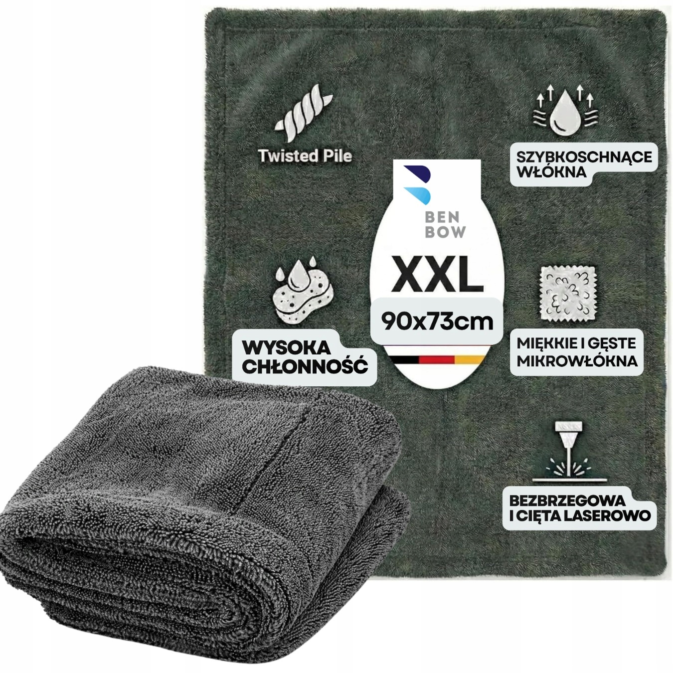Ręcznik XXL do Osuszania 90x73cm 1100 Gsm Twisted Pile BenBow
