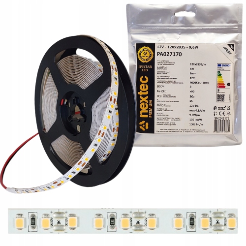 Taśma Led 12V 5m 9,6W/m 1008lm/m 4000K neutralna barwa IP65 Nextec