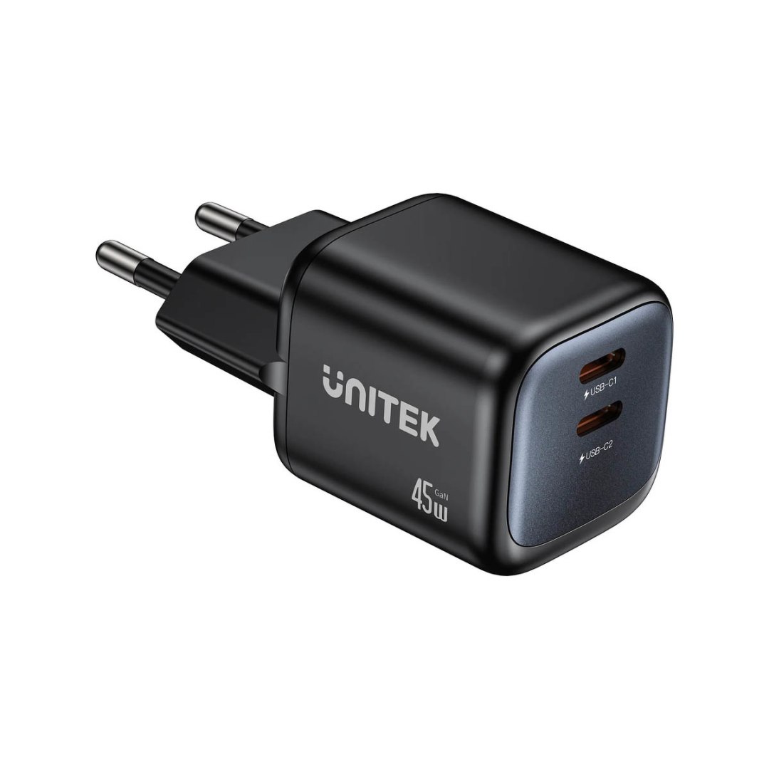 Unitek Ładowarka sieciowa 2-portowa GaN 45W, 2xUSB-C, Pd 3.0, Qc, czarna