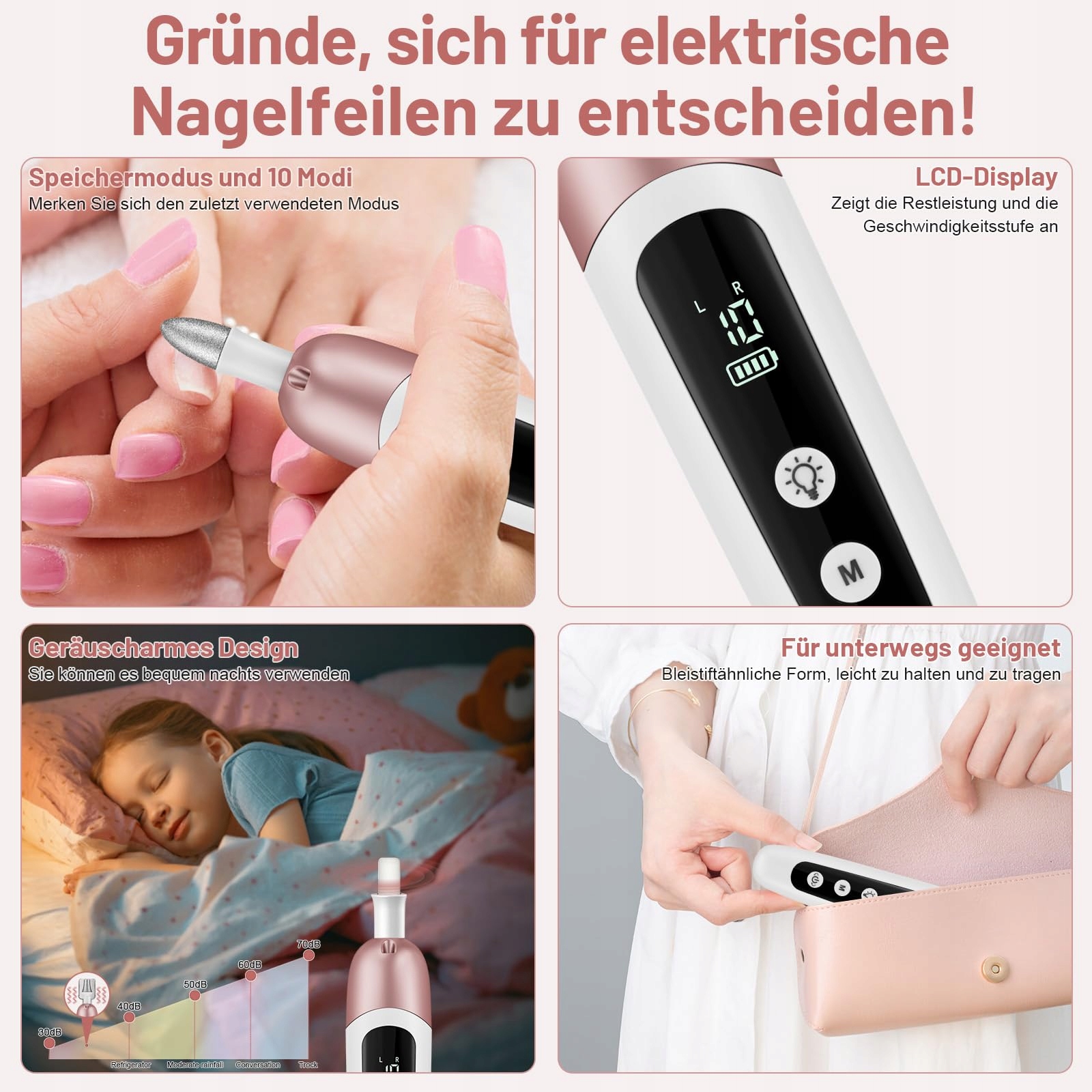 BEAUTYPRO Zestaw Manicure Pedicure Elektryczny Z 9 Końcówkami LED Etui — miniatura 7