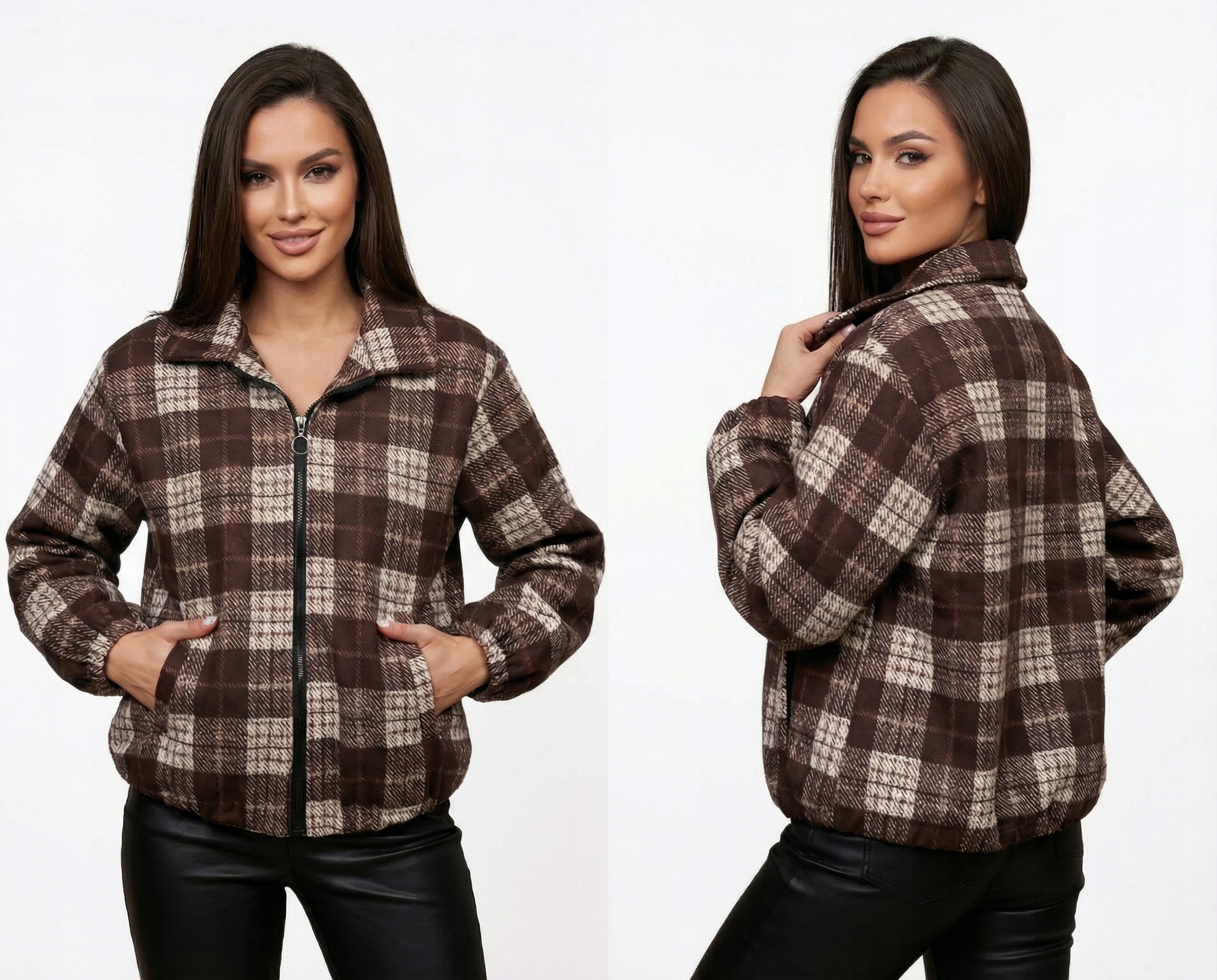 Kurtka Damska Bomberka Modna Ciepła Przejściowa Krata Brązowa Uni