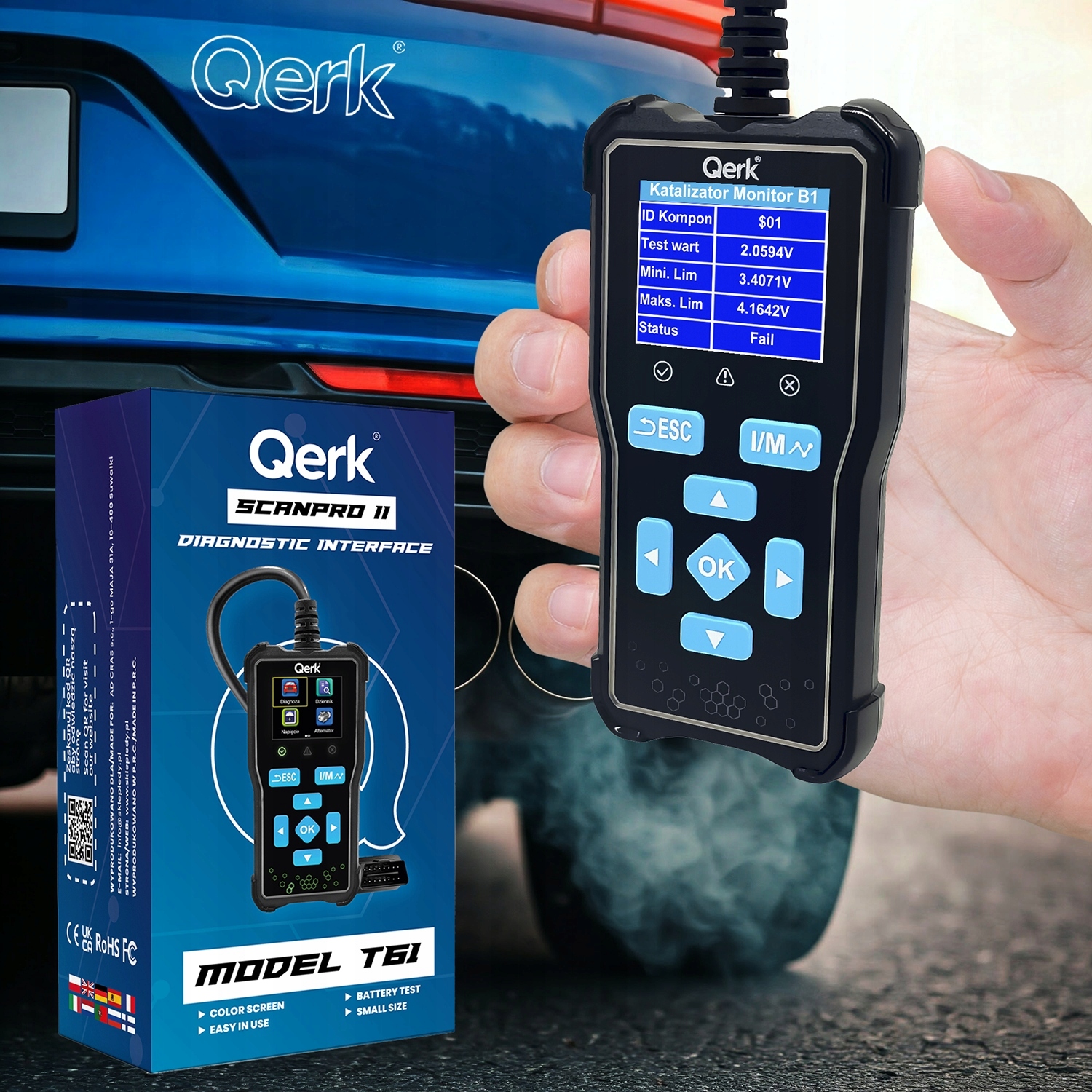 QERK T61 OBD2 automobilio klaidų diagnostikos skeneris su 2,36 col. ekranu