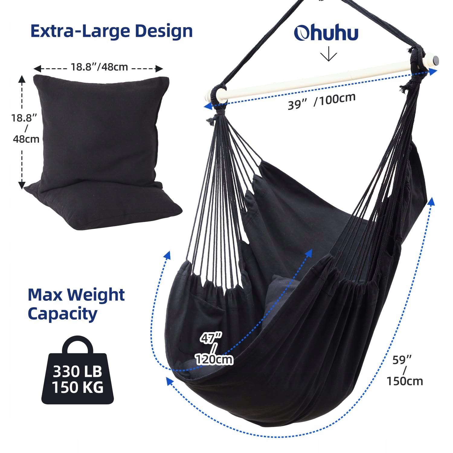 OHUHU Fotel Wiszący XL Z 2 Poduszkami Zestaw Do Montażu Do 150 kg Antracyt — miniatura 3