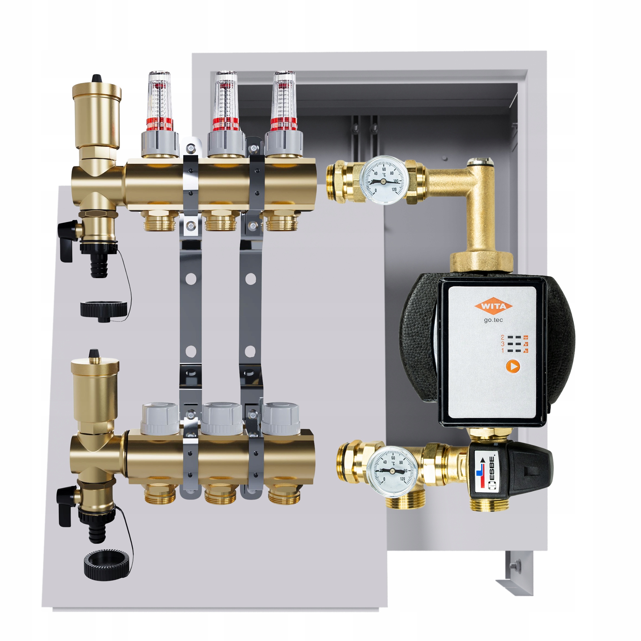 Rozdělovač pro podlahovou krytinu 3 okruhy s skupinou Wita podomítková skříňka