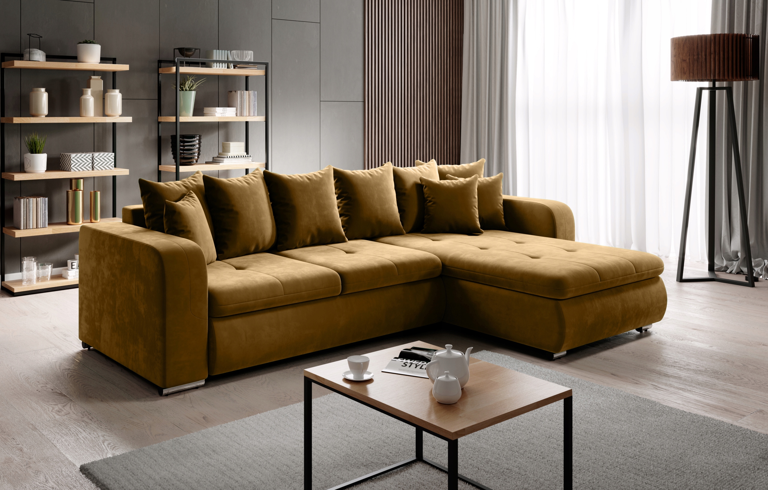 Roma Mini rohová sedací souprava stůl s funkcí spaní a polštáře