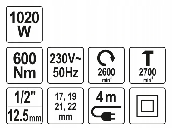 YATO ELEKTRYCZNY KLUCZ UDAROWY 600Nm 1020W 1/2" + NASADKI 17-22mm Rodzaj klucz udarowy