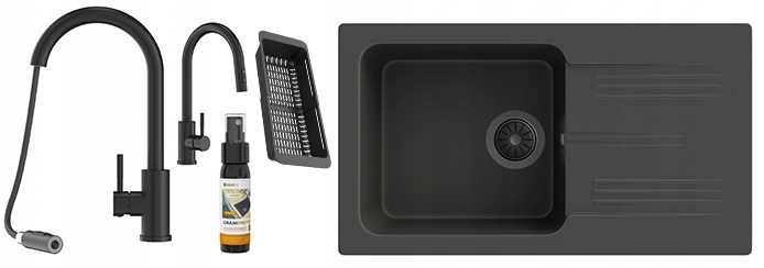 Dřez Ada Granitové Jednokomorové Černé Baterie Loseto Sifon Košík