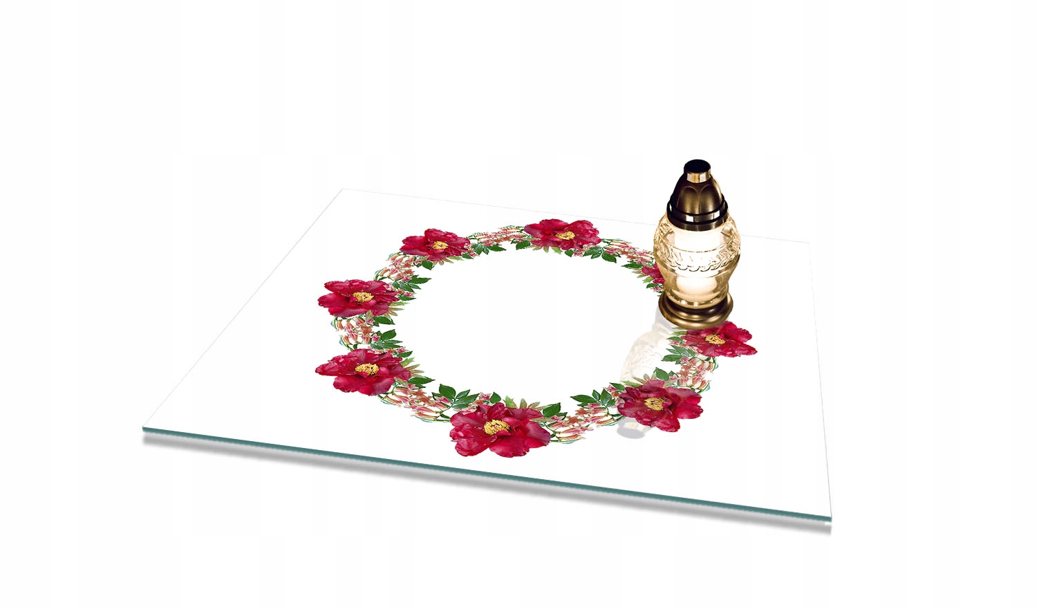 Podstavec pod Hřbitovní Svíčka Tvrzené sklo na Pomník Hřbitov, vzor Věnec 60x52cm