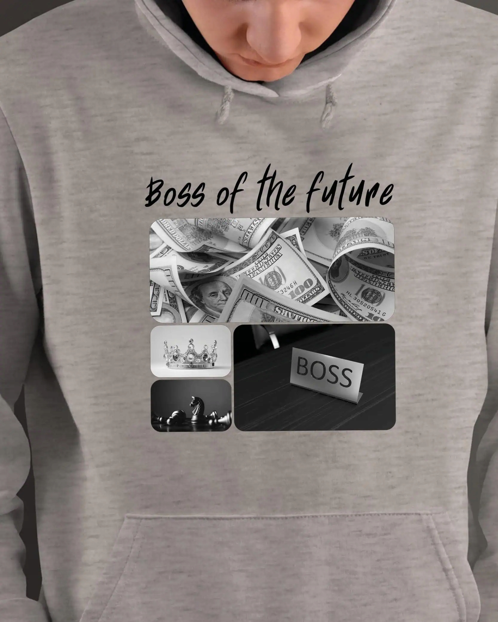 Mikina s kapucí Dárek pro šéfa Umělecká koláž Šedá L