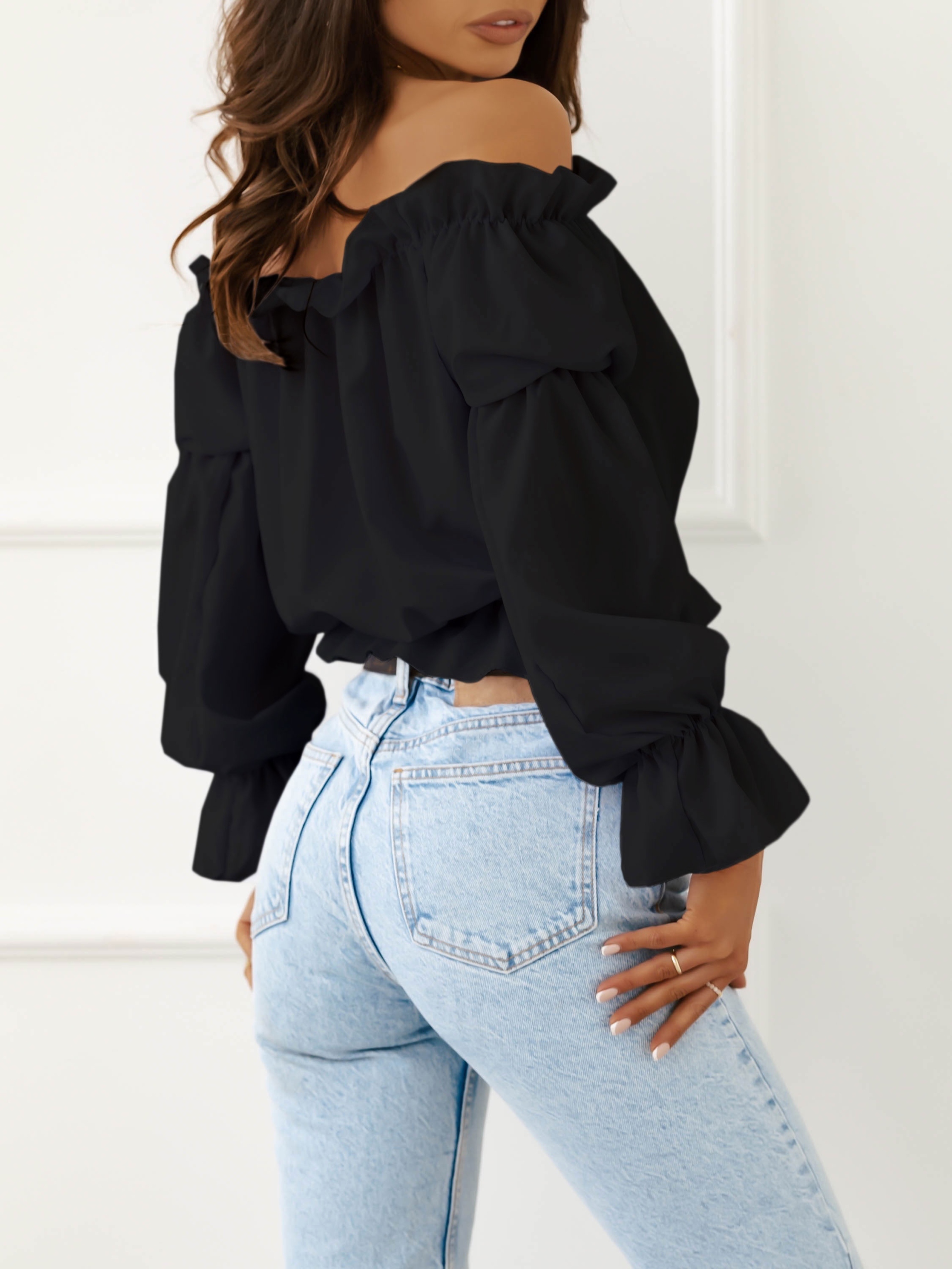 HISZPANKA elegancka bluzka damska oversize marszczona falbanka bufki L/XL Kolor czarny