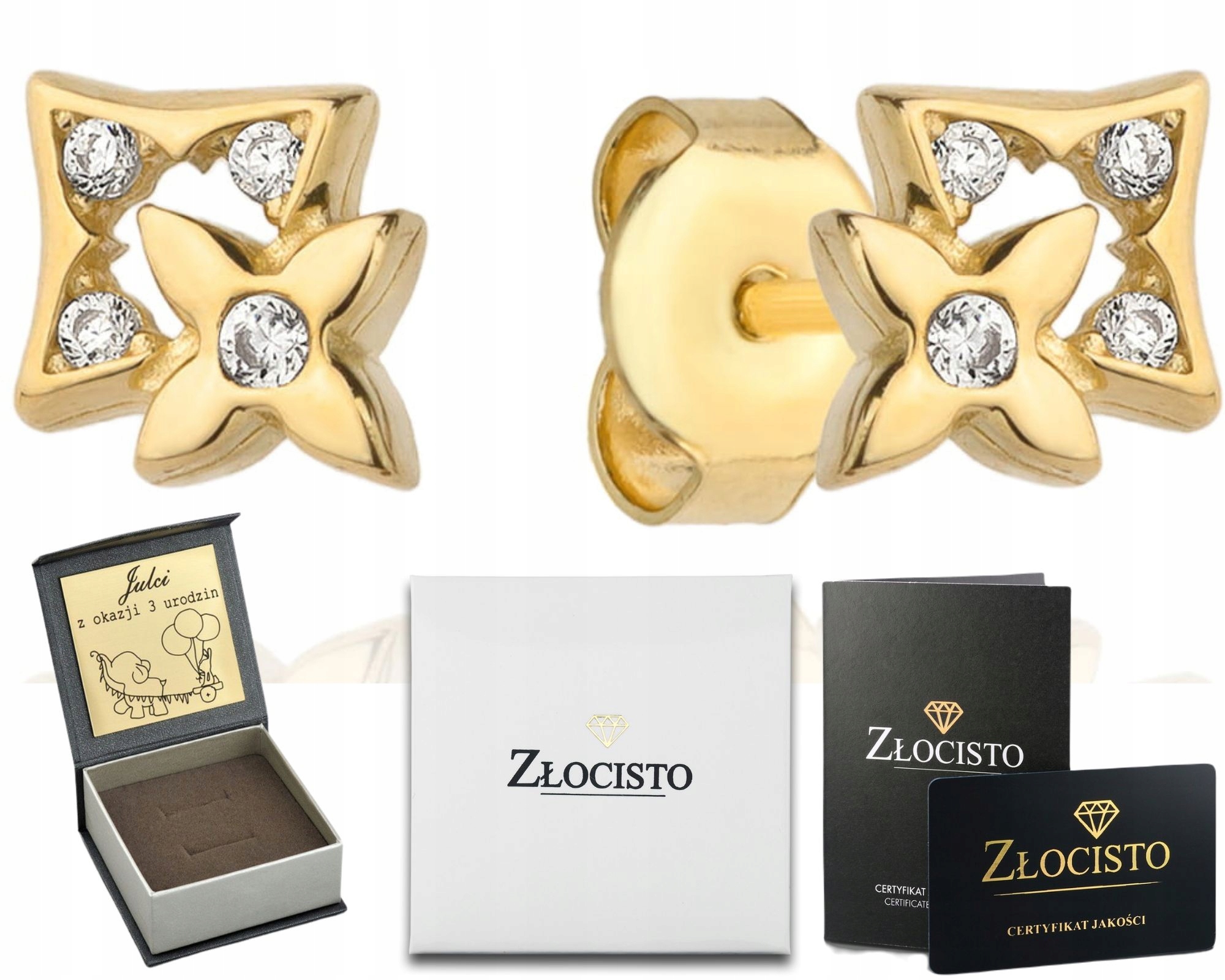 Zlaté Náušnice Květinky Květiny Čtverečky 585