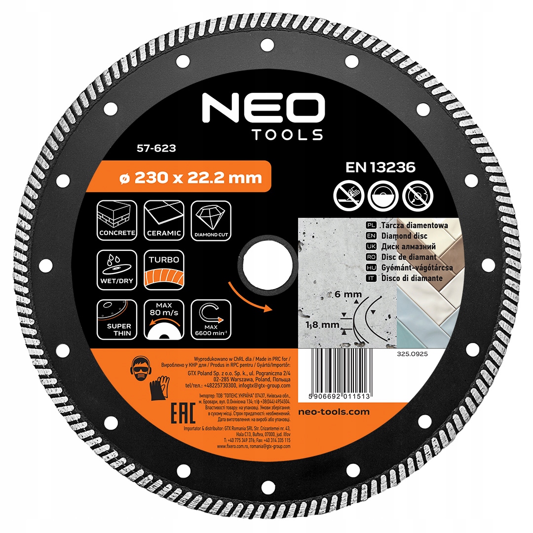 Diamantový kotouč 230 x 22.2 mm turbo tenký Neo Tools 57-623