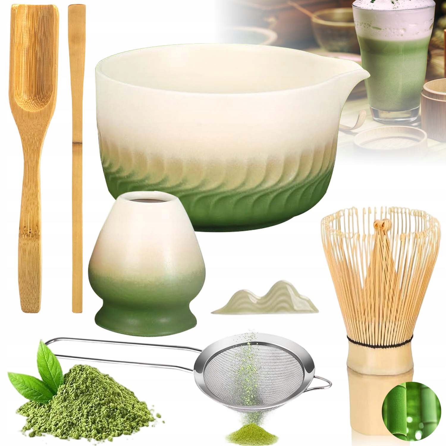 Levně Bambusový Dárková Sada Na Čaj Matchy Chashaku Zelený Gradient 7V1