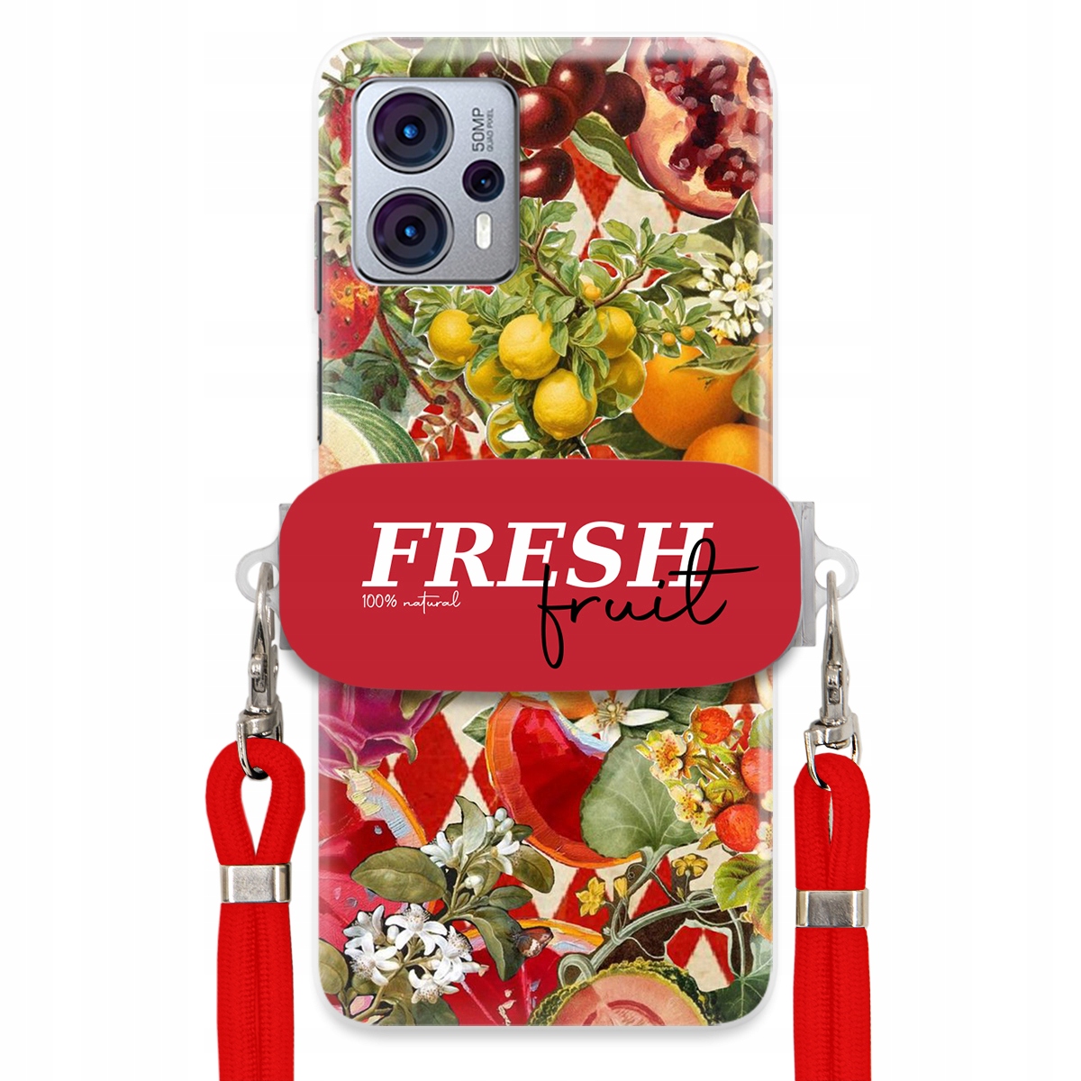 Pouzdro pro Motorola G23 Červené Crossbody vodítko Držák Fresh Fruit Ovocné