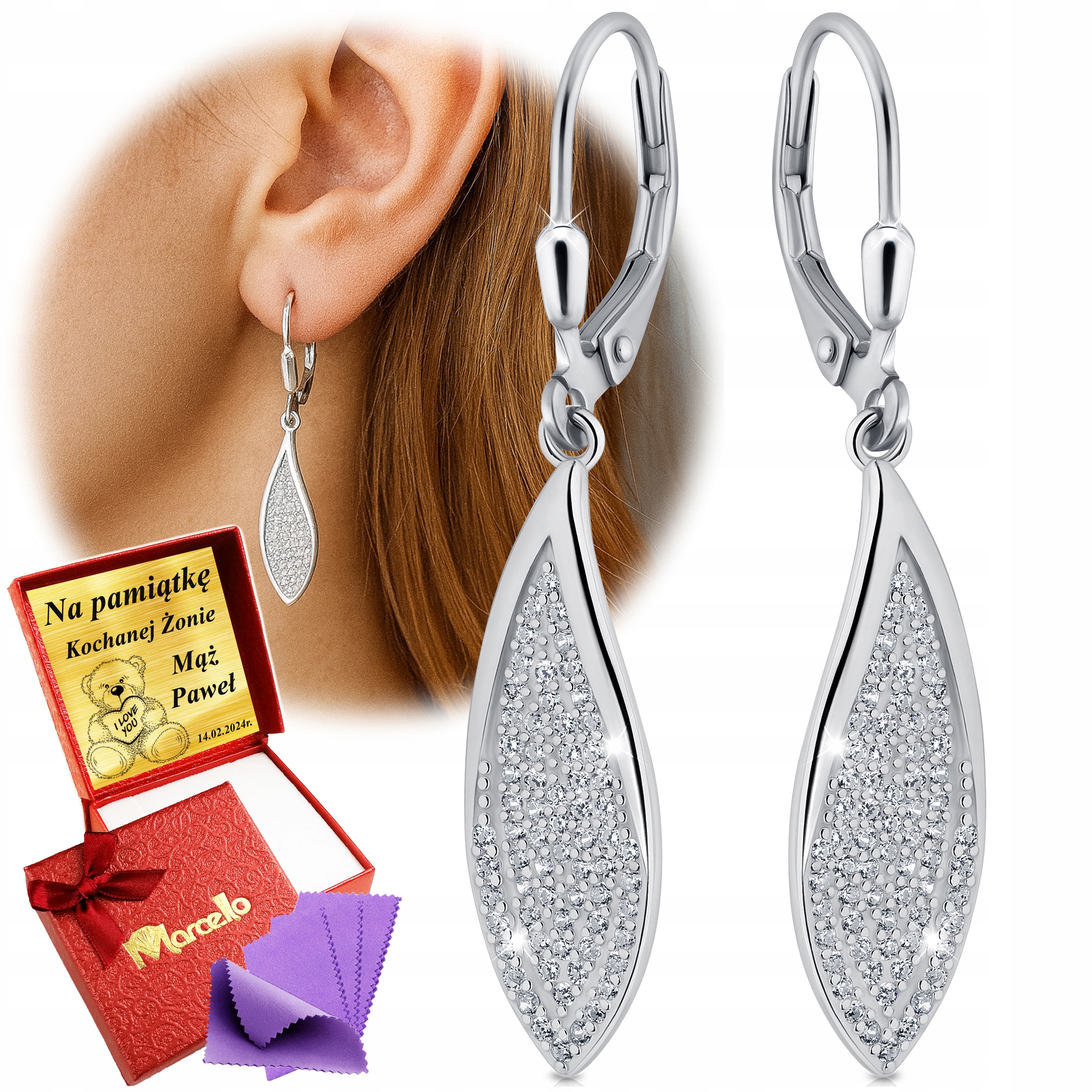 Srebrny Kolczyki Wiszące 925 Cyrkonie Aaa Dla Kobiety z Grawerem