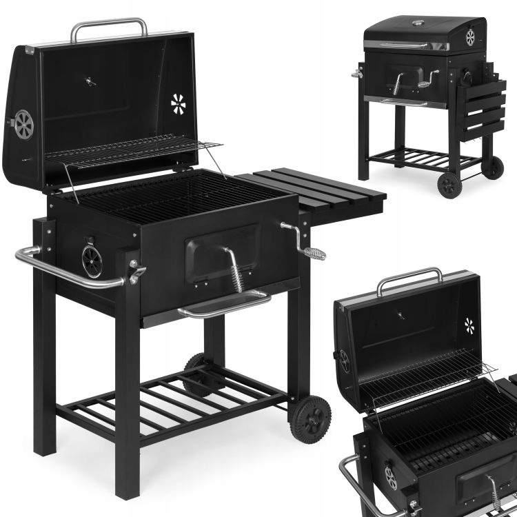 Duży Grill Ogrodowy węglowy Na Kółkach Z Półkami I Termometrem Regulacja
