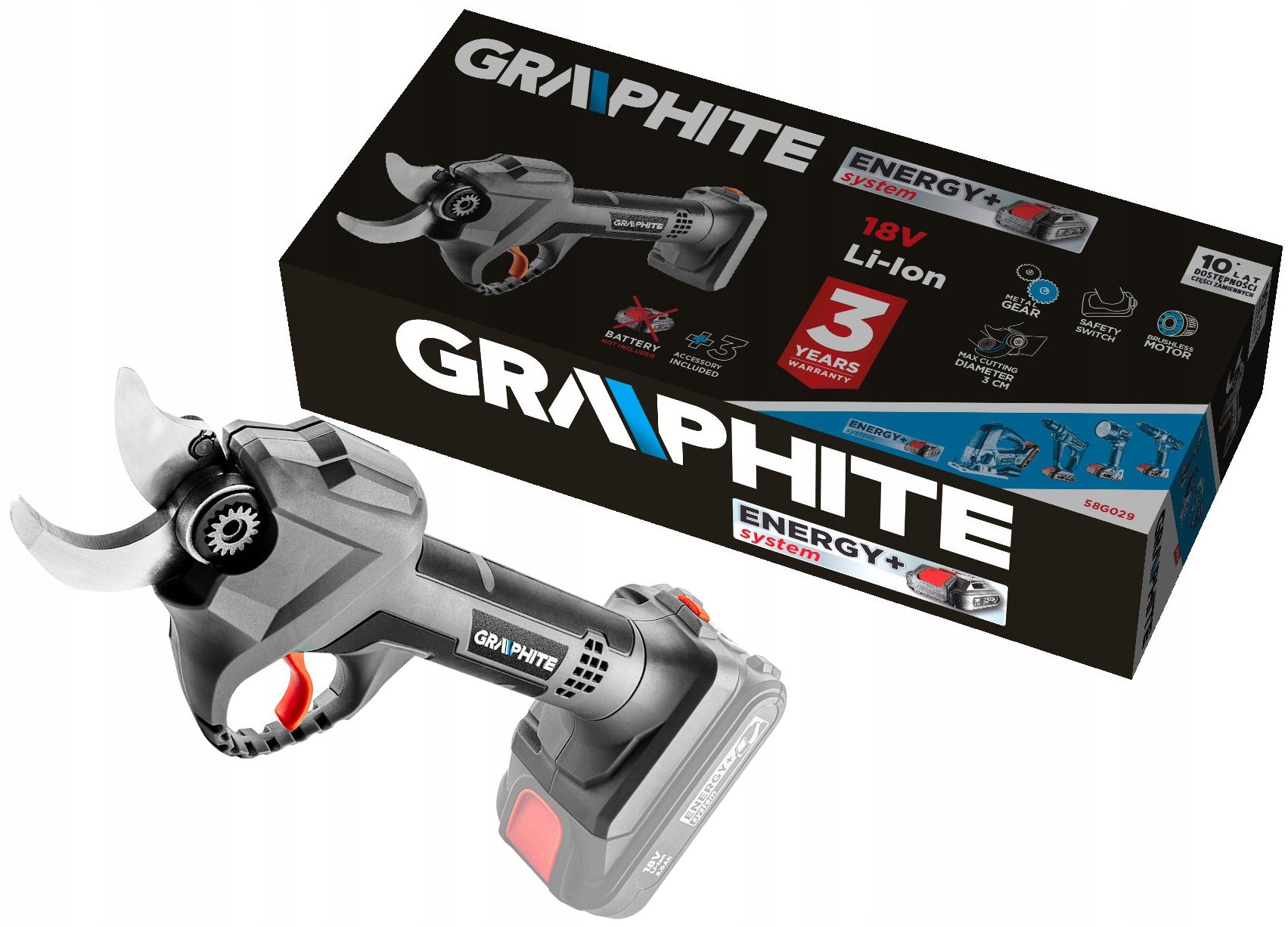 Záhradné akumulátorové nožnice bezkartáčové Energy+ 18V bez akumulátora Graphite