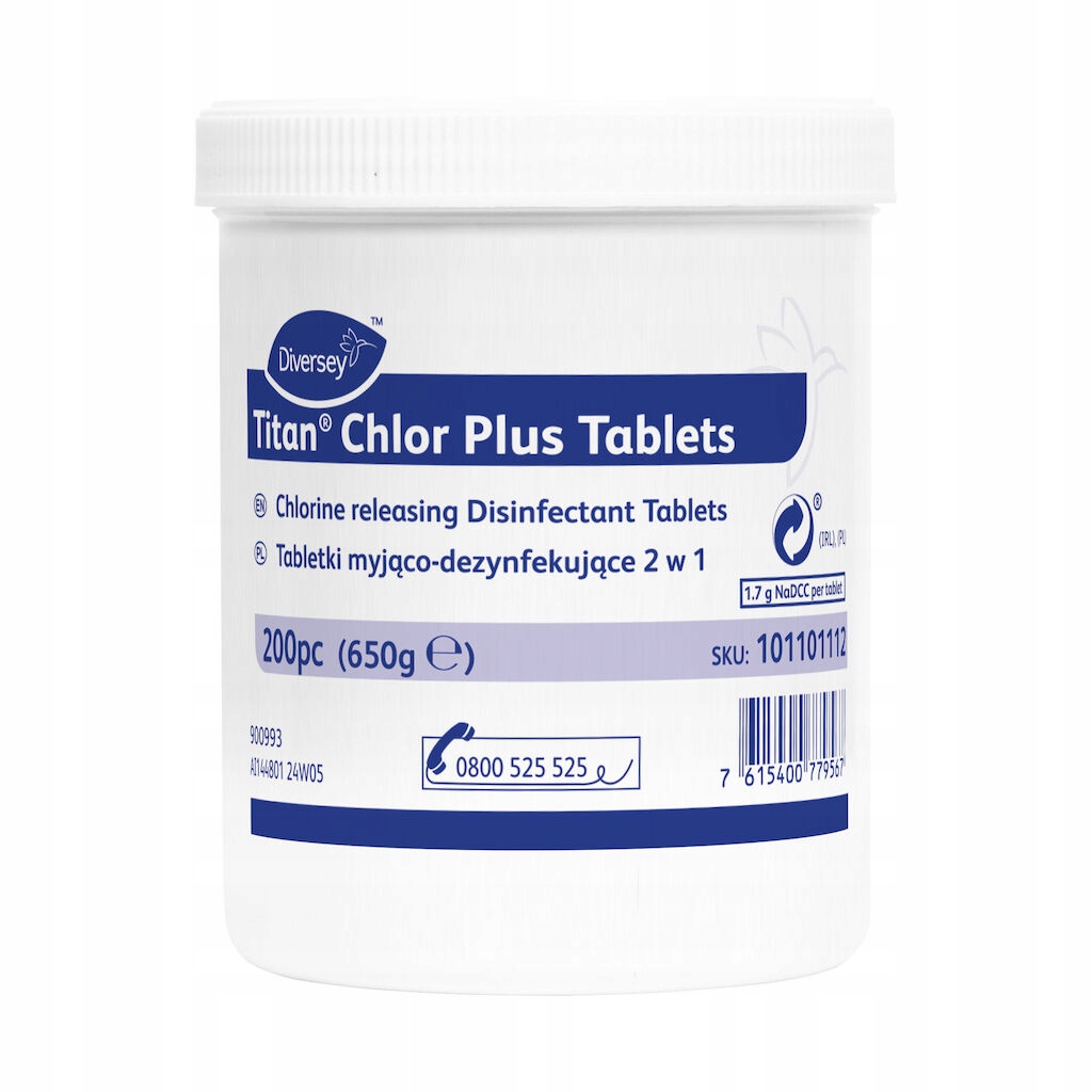Tabletki do dezynfekcji z aktywnym chlorem Diversey Titan Chlor Plus 200szt