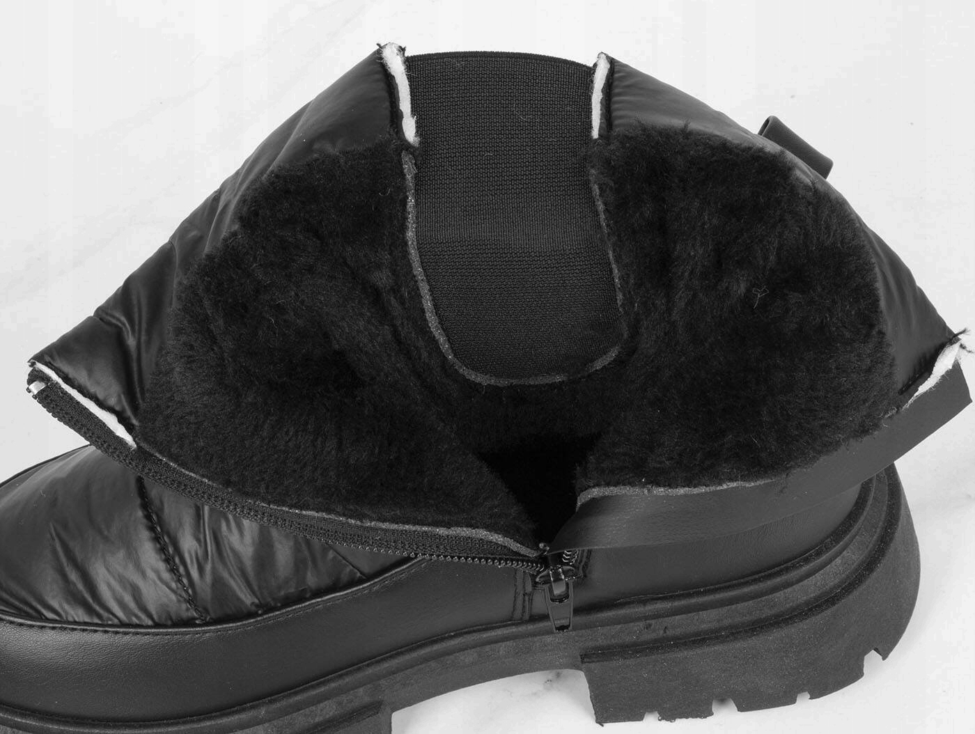 7886 CZARNE KOZAKI ŚNIEGOWCE ZIMOWE BOTKI TRAPERY OCIEPLANE GRUBE FUTRO 38 Wzór dominujący bez wzoru