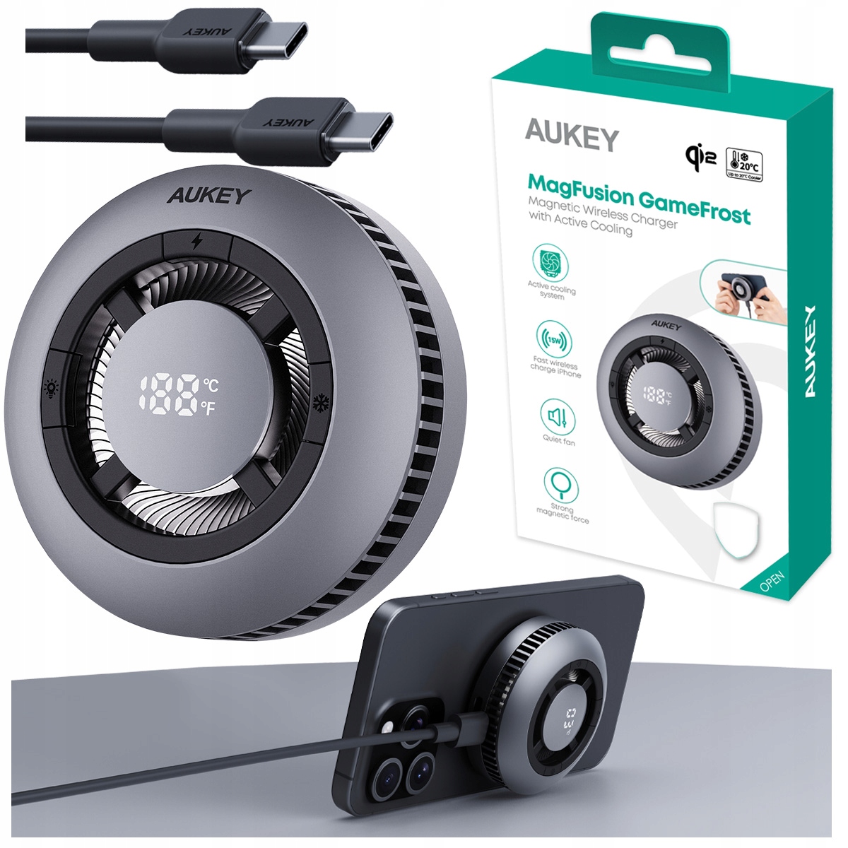 Aukey Ładowarka bezprzewodowa LC-G10 MagFusion Qi2 z chłodzeniem Wentylator