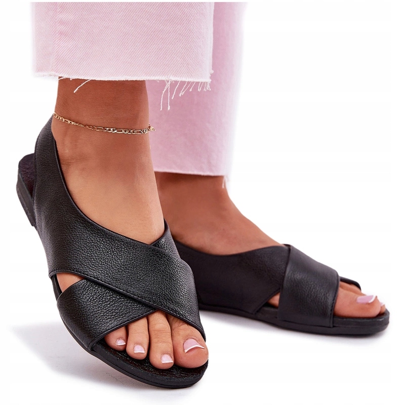 Zazoo 40407 Dámské Sandály Přírodní Kůže Plochý Podpatek Černé 40