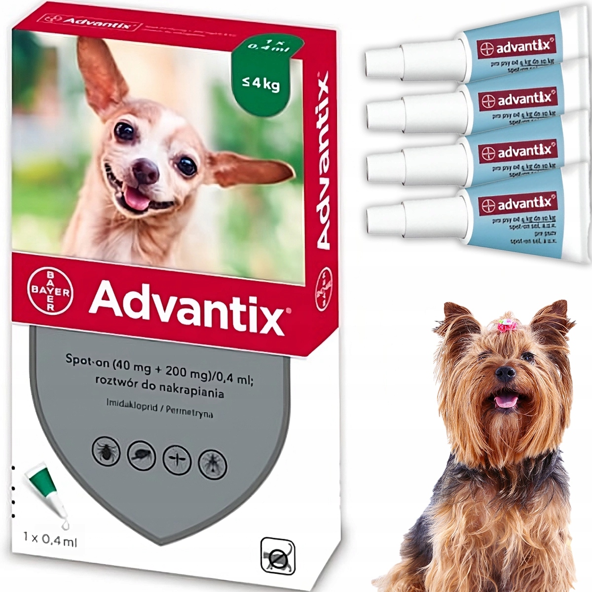 Skuteczne Krople dla Psa do 4 kg na Kleszcze Pchły Advantix 4 x 0,4 ml