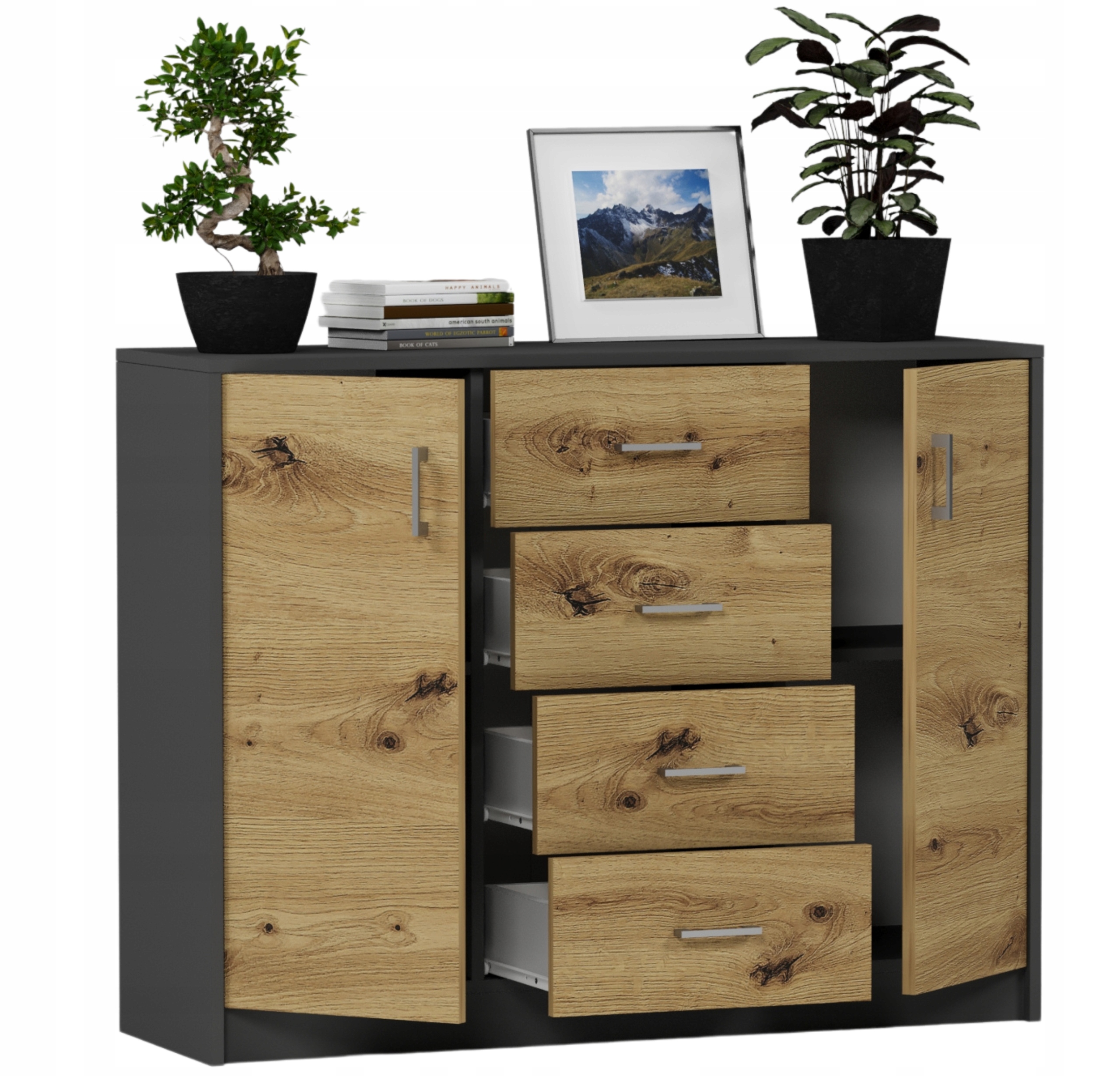 KOMODA 110CM SZAFKA 4 SZUFLADY 2 PÓŁKI U-1 ANTRACYT MIX ARTISAN