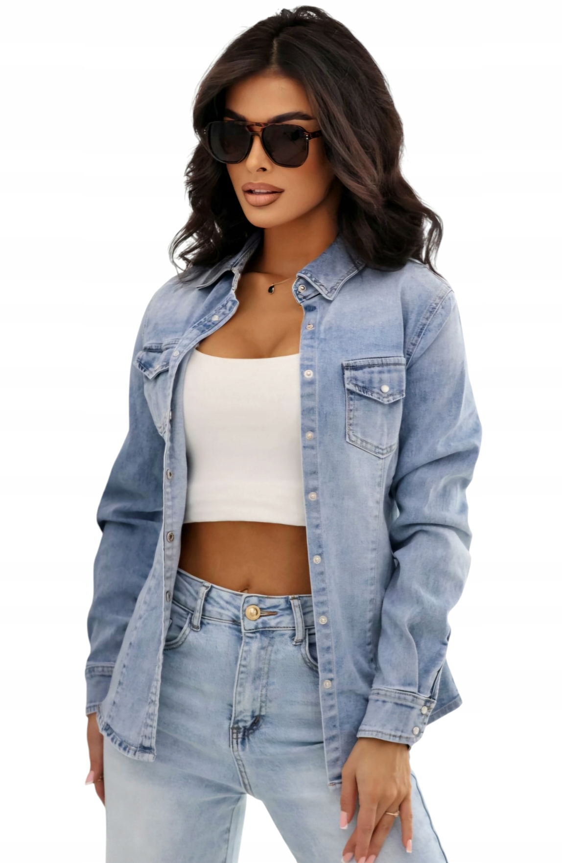 Dámská Džínová Košile Světlé Džíny Perlové Knoflíky vel. 4XS 28