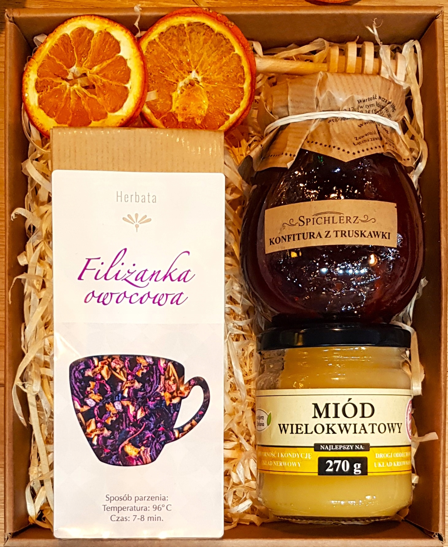 KOSZ BOX PREZENTOWY PREZENT HERBATA KONFITURA MIÓD