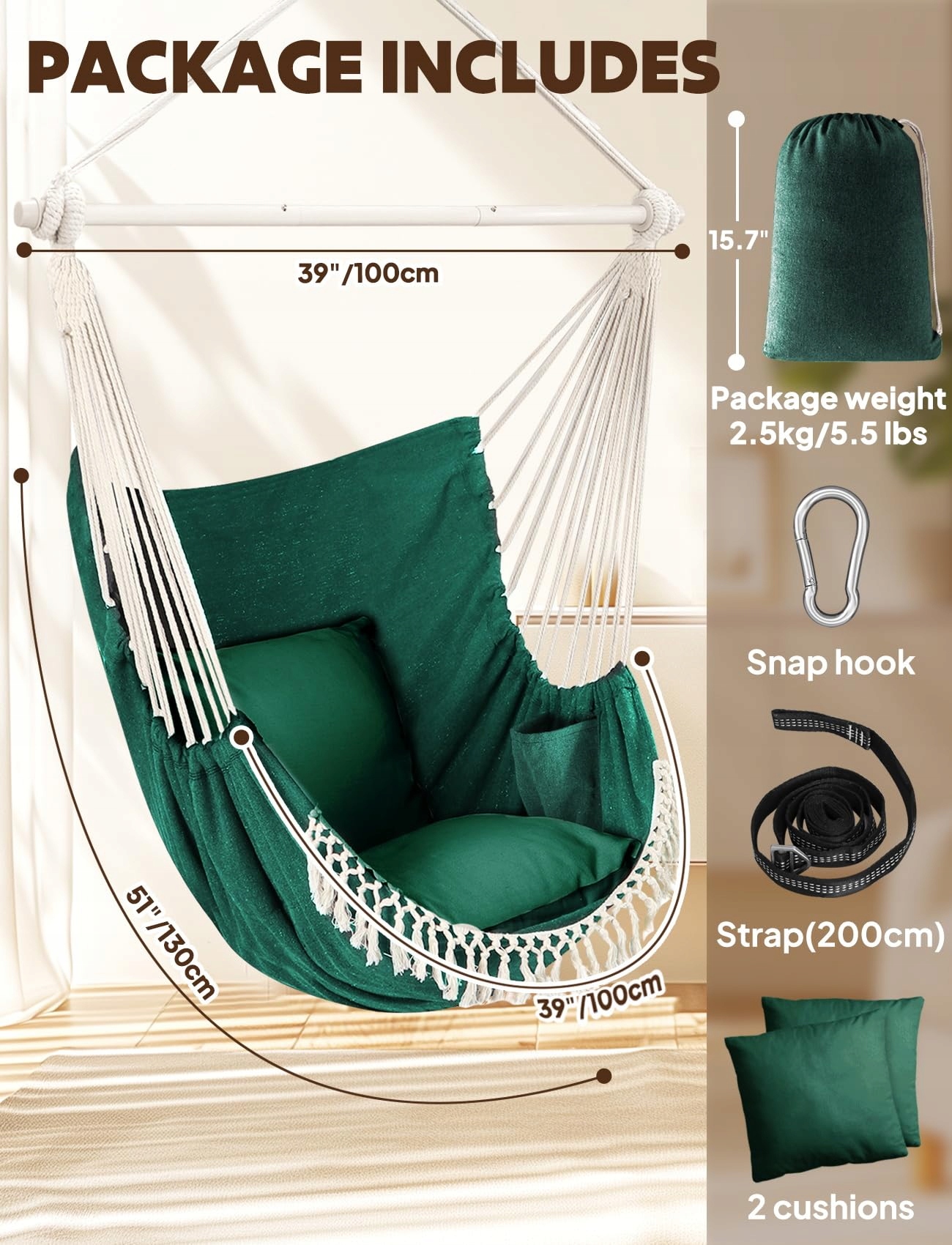 Fotel Wiszący Boho Z Poduszkami Ze Stalową Belką Do Domu Ogrodu CHIHEE — miniatura 6