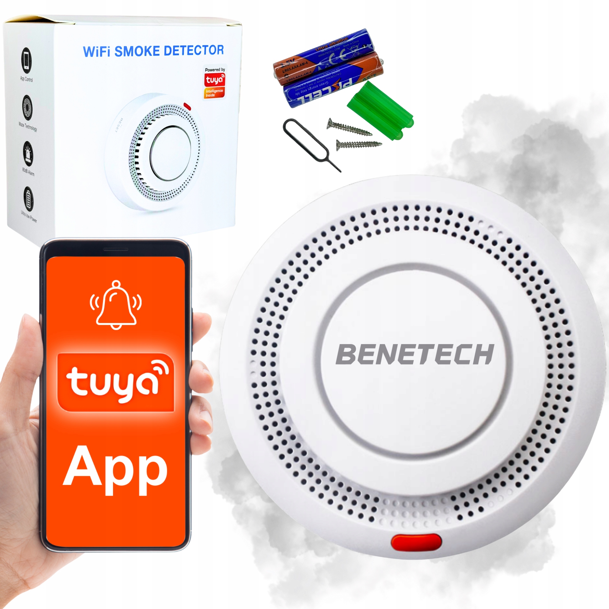 Czujnik Dymu Detektor Ognia Wifi Alarm Bezprzewodowy Czujka Tuya Benetech